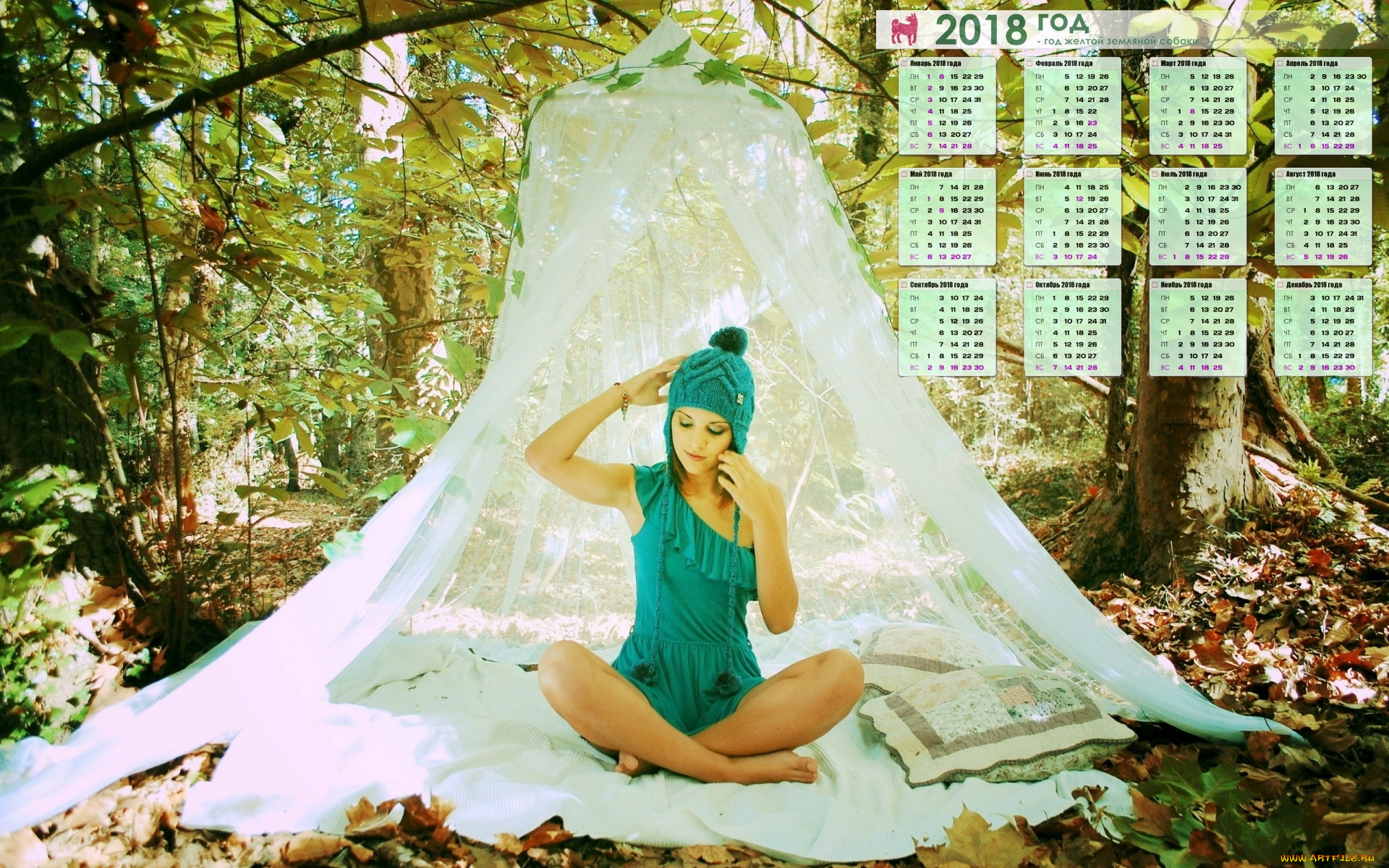 календари, девушки, шапка, подушка, листья, балдахин