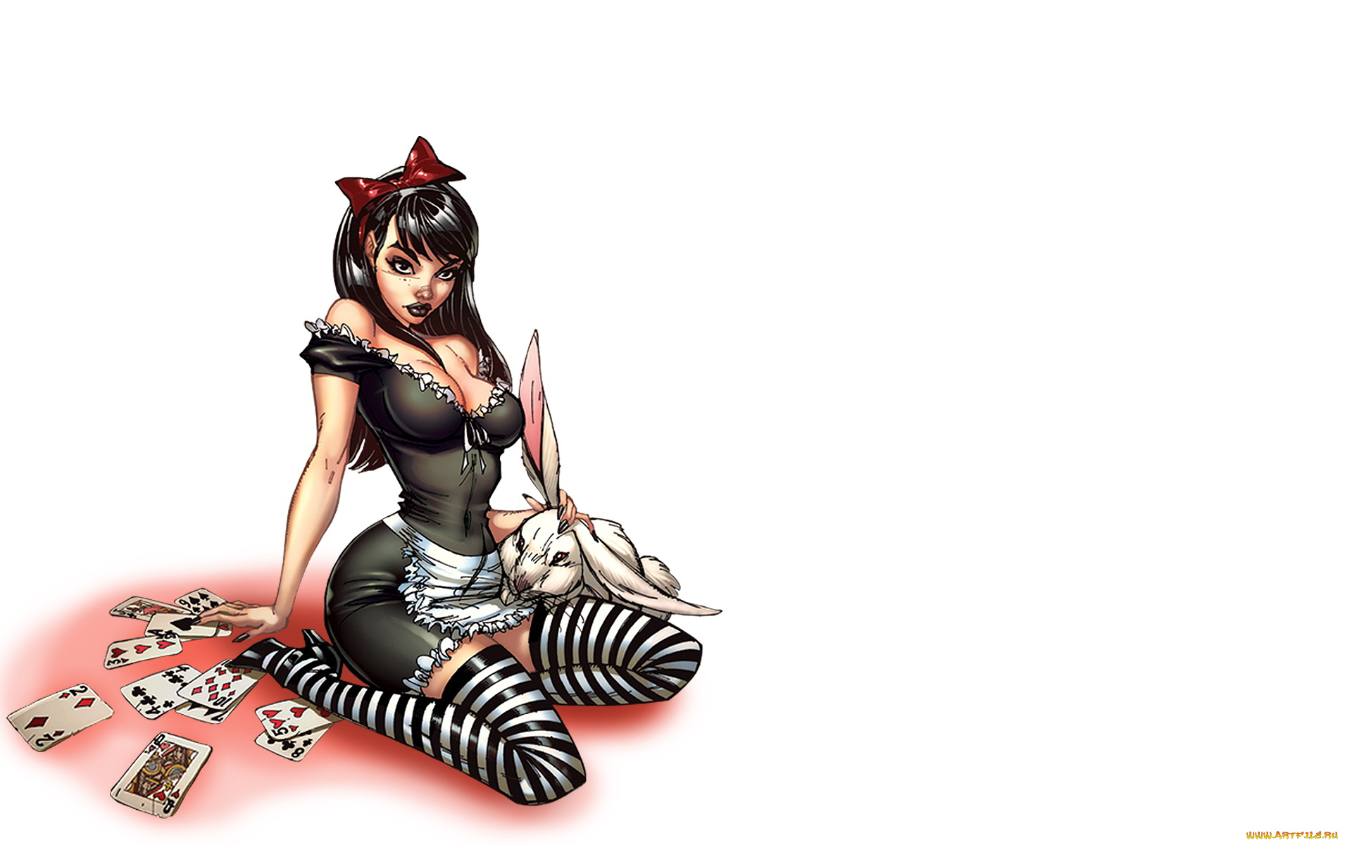 рисованное, комиксы, девушка, карты, кролик, фон