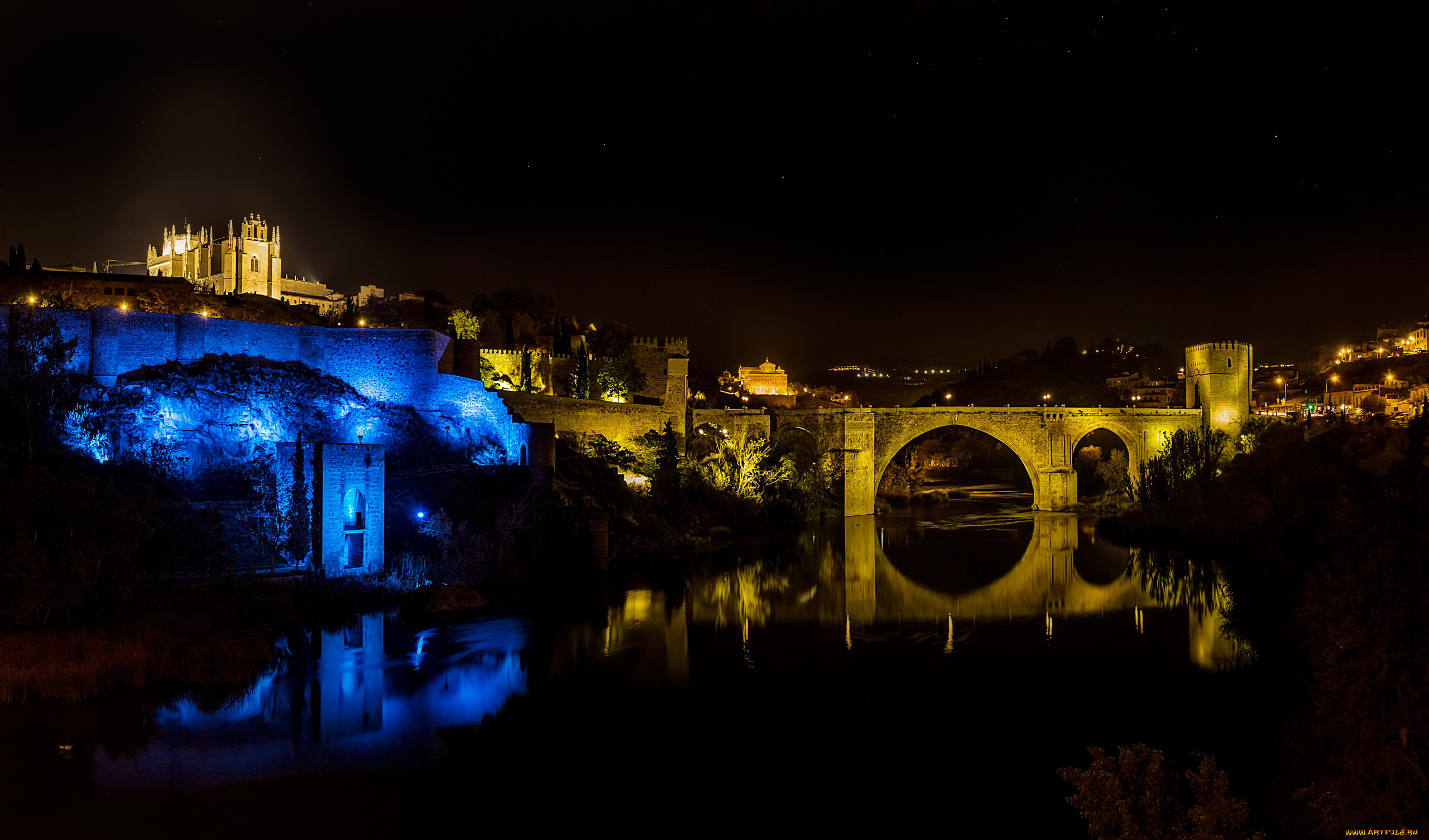 города, толедо, , испания, мост, огни, вечер, старинный