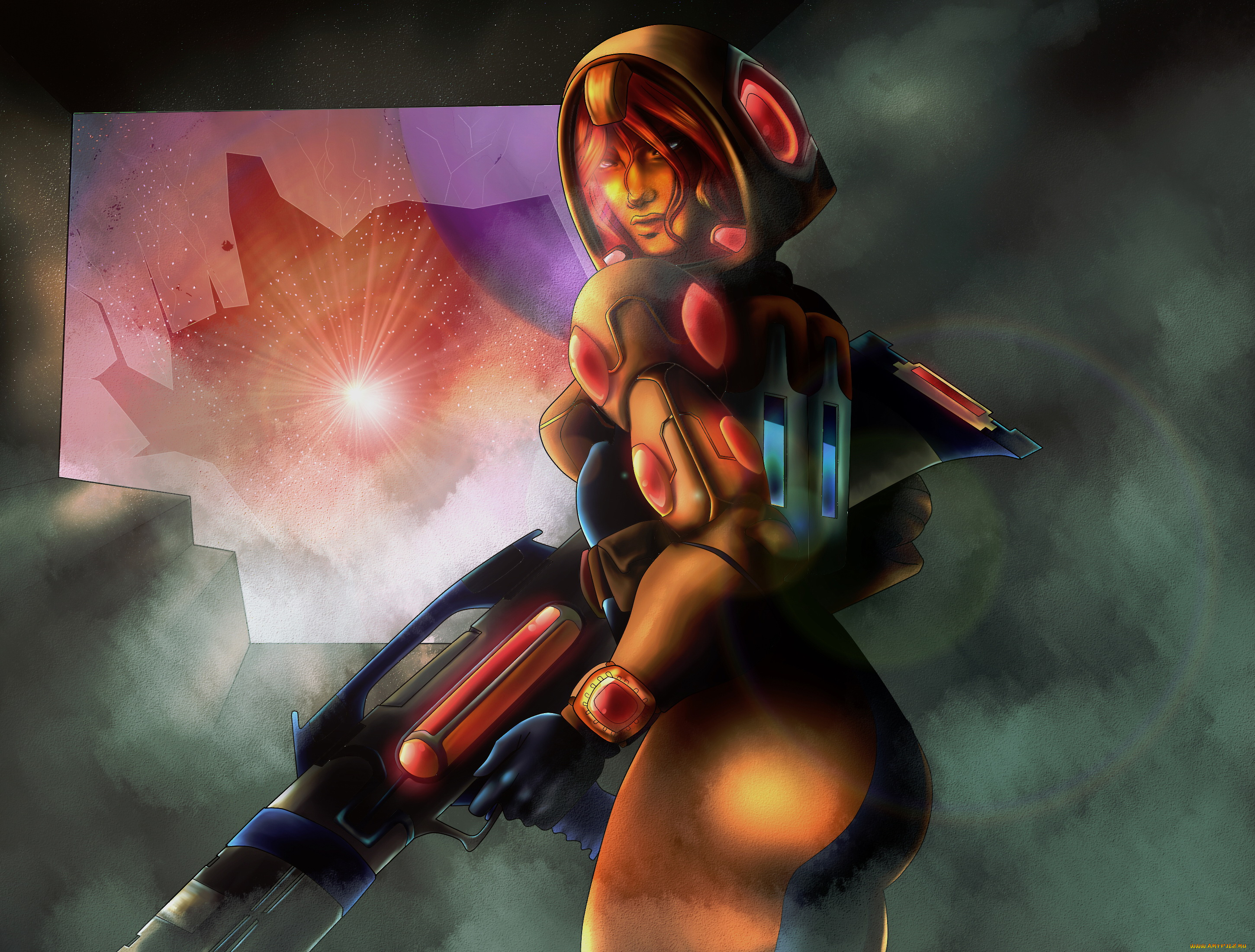 рисованное, комиксы, девушка, фон, взгляд, оружие