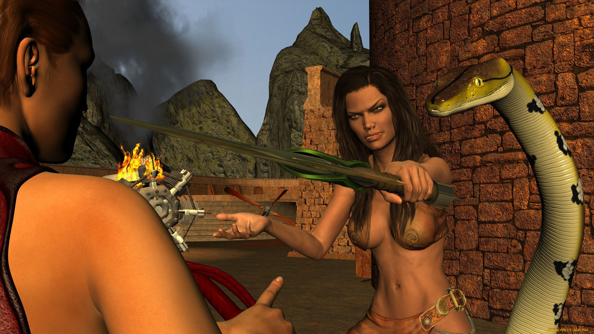 3д, графика, фантазия, , fantasy, змея, взгляд, девушка, фон