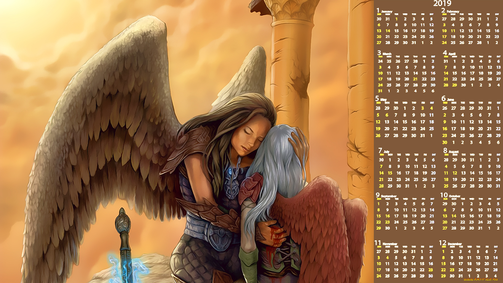 календари, фэнтези, девушка, крылья, оружие, кровь, двое