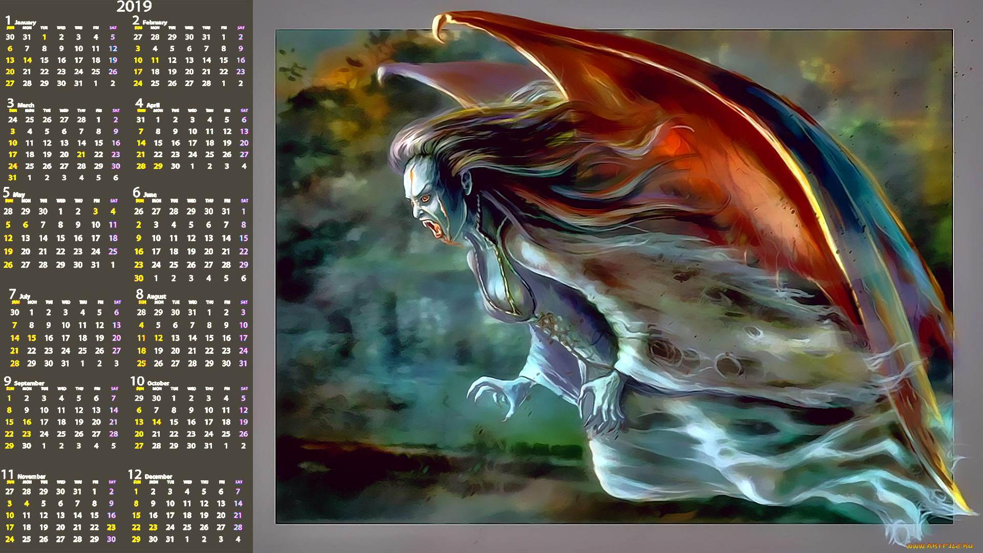 календари, фэнтези, существо, крылья, профиль