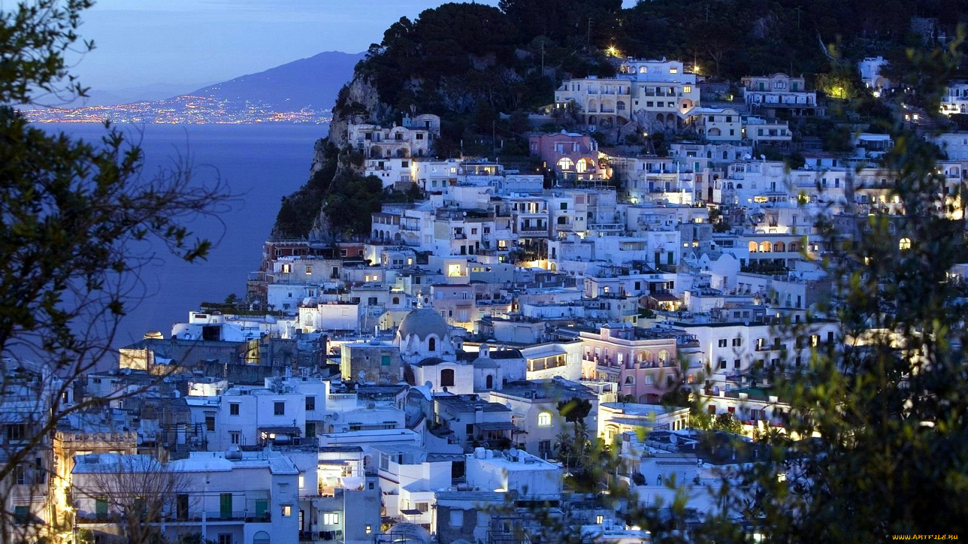 неаполь, италия, города, -, огни, ночного, города