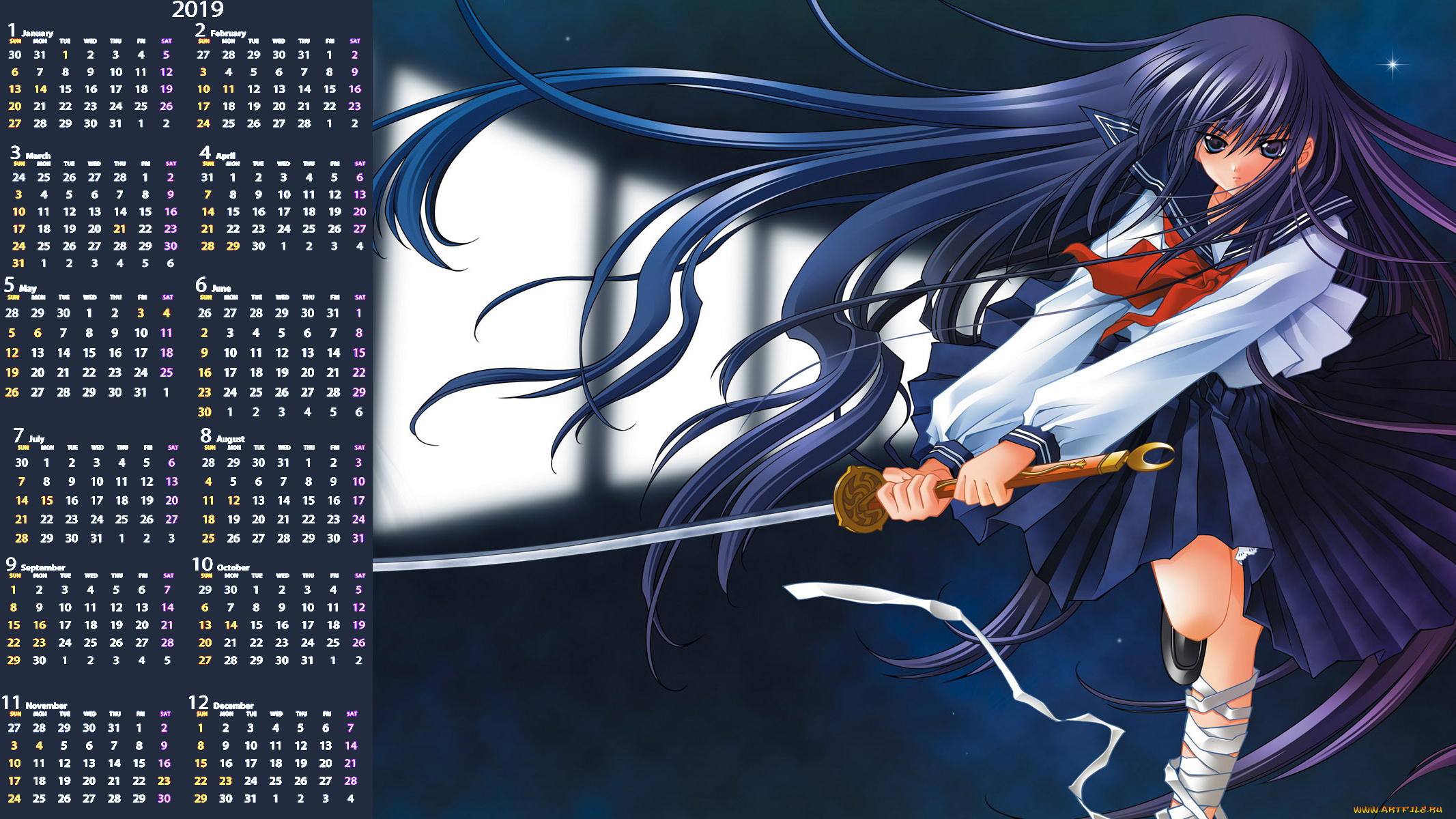 календари, аниме, девушка, оружие