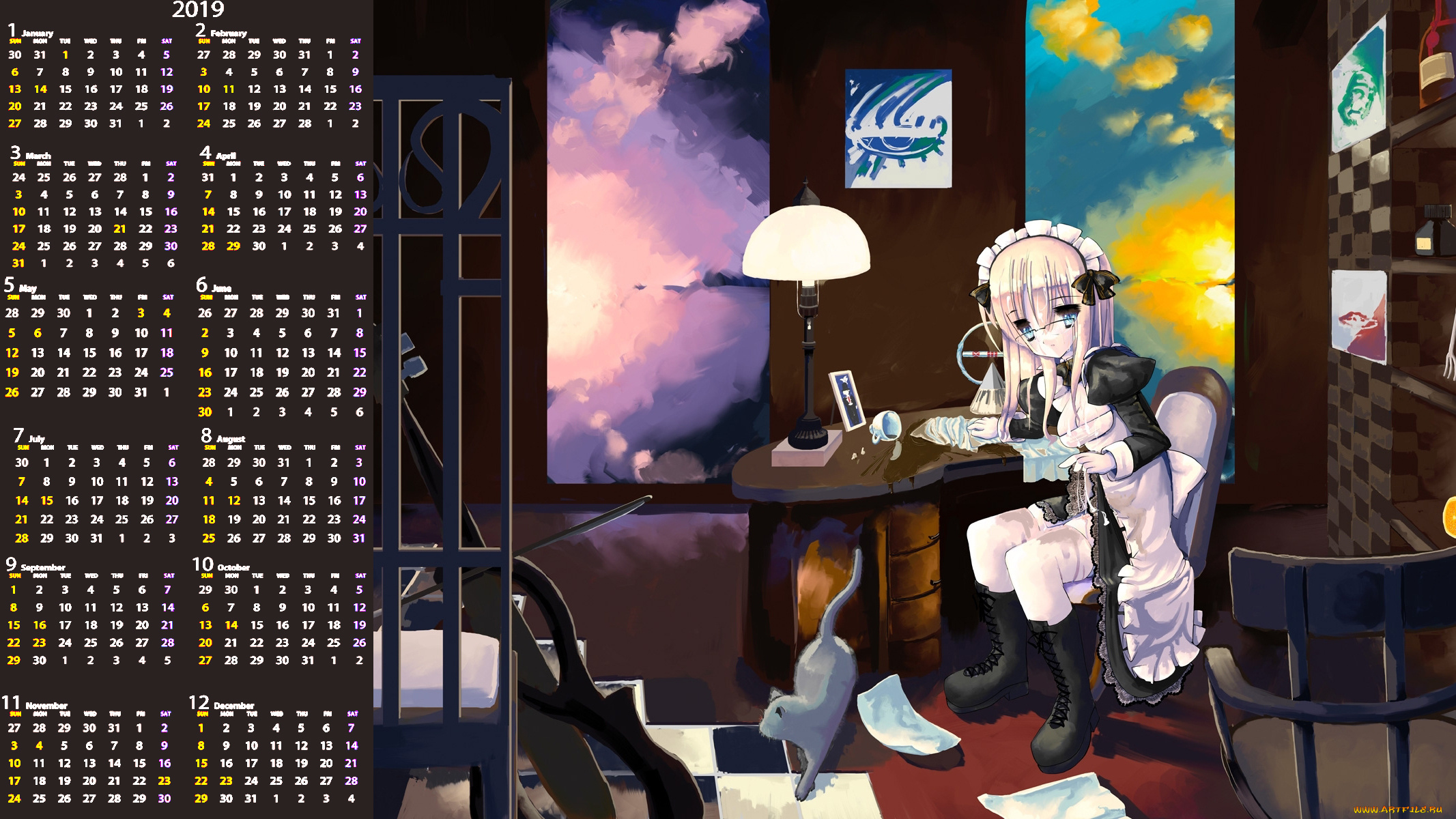 календари, аниме, комната, мебель, стол, девушка