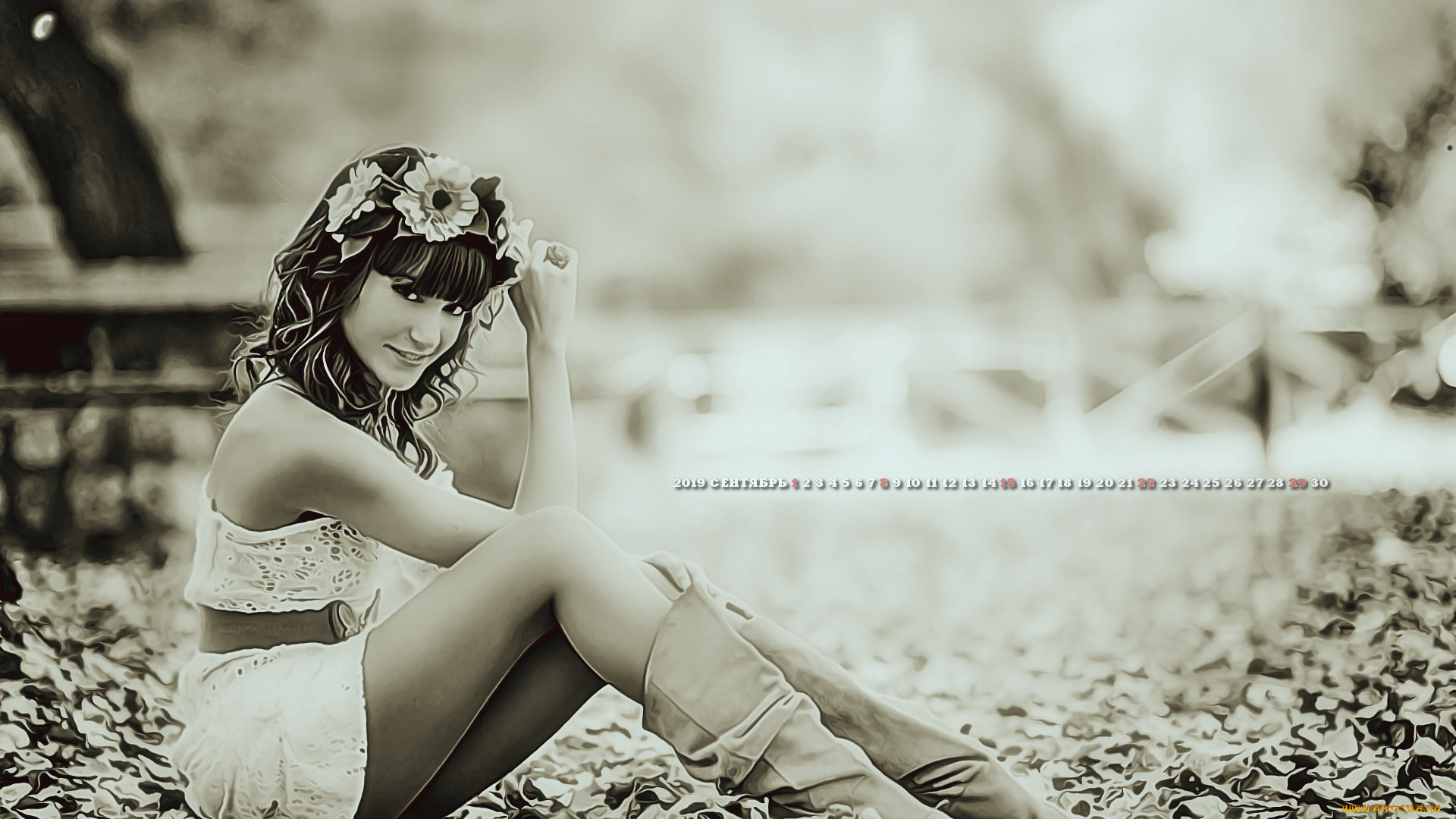календари, компьютерный, дизайн, 2019, calendar, листья, женщина, улыбка, взгляд, девушка, цветы, венок