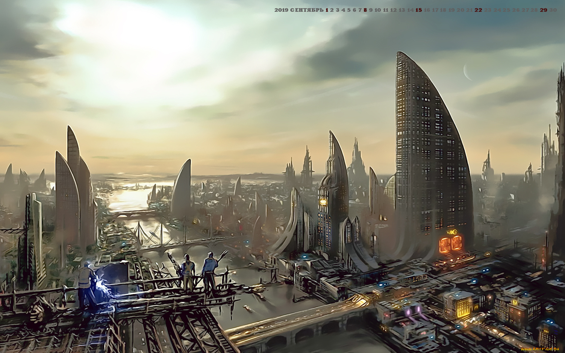 календари, фэнтези, 2019, calendar, здание, небоскреб, водоем, панорама, город