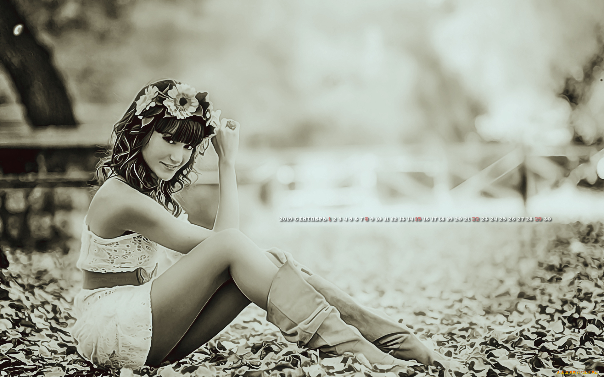 календари, компьютерный, дизайн, 2019, calendar, листья, женщина, улыбка, взгляд, девушка, цветы, венок