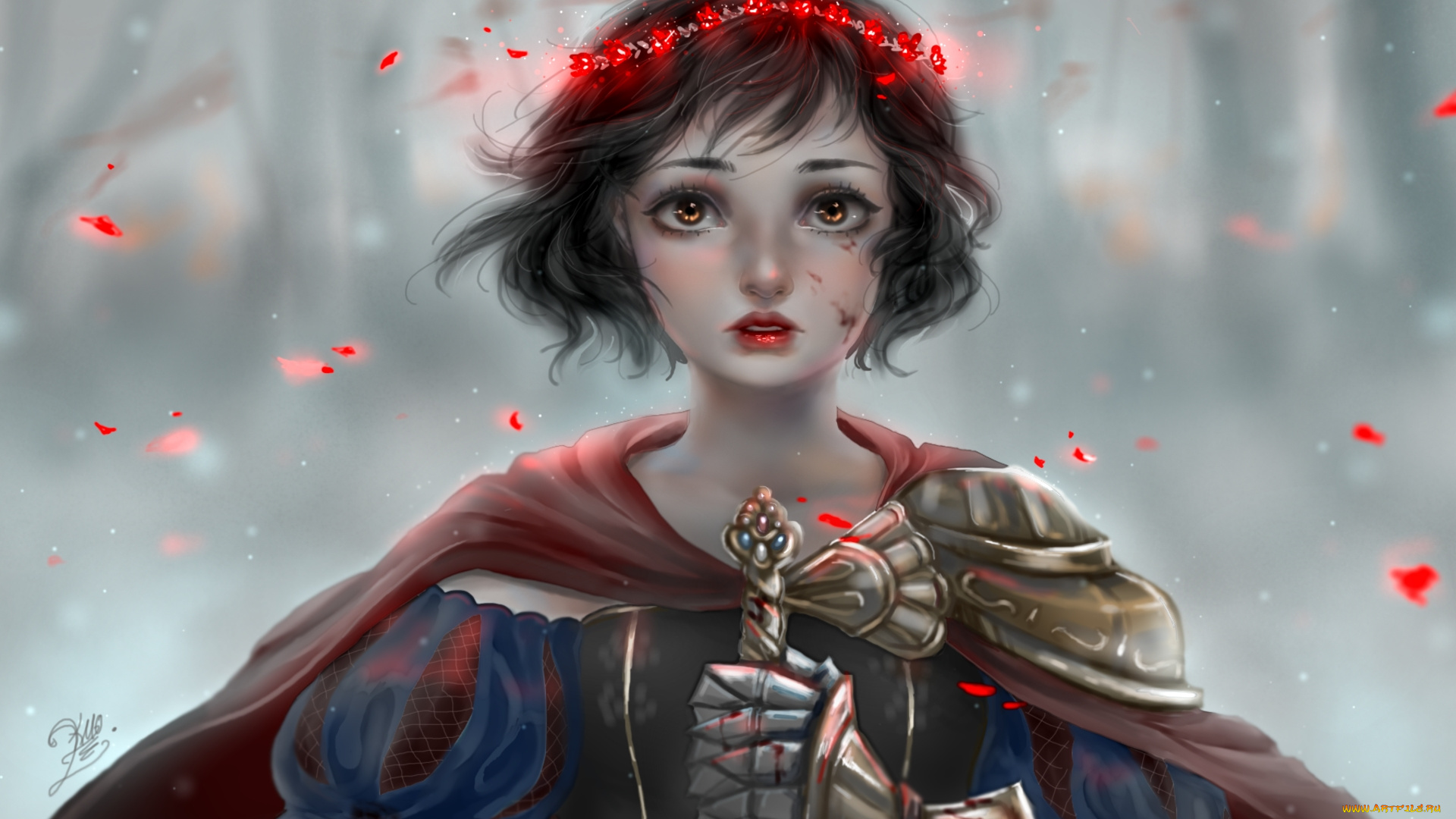 фэнтези, девушки, девушка, венок, лепестки, плащ, меч