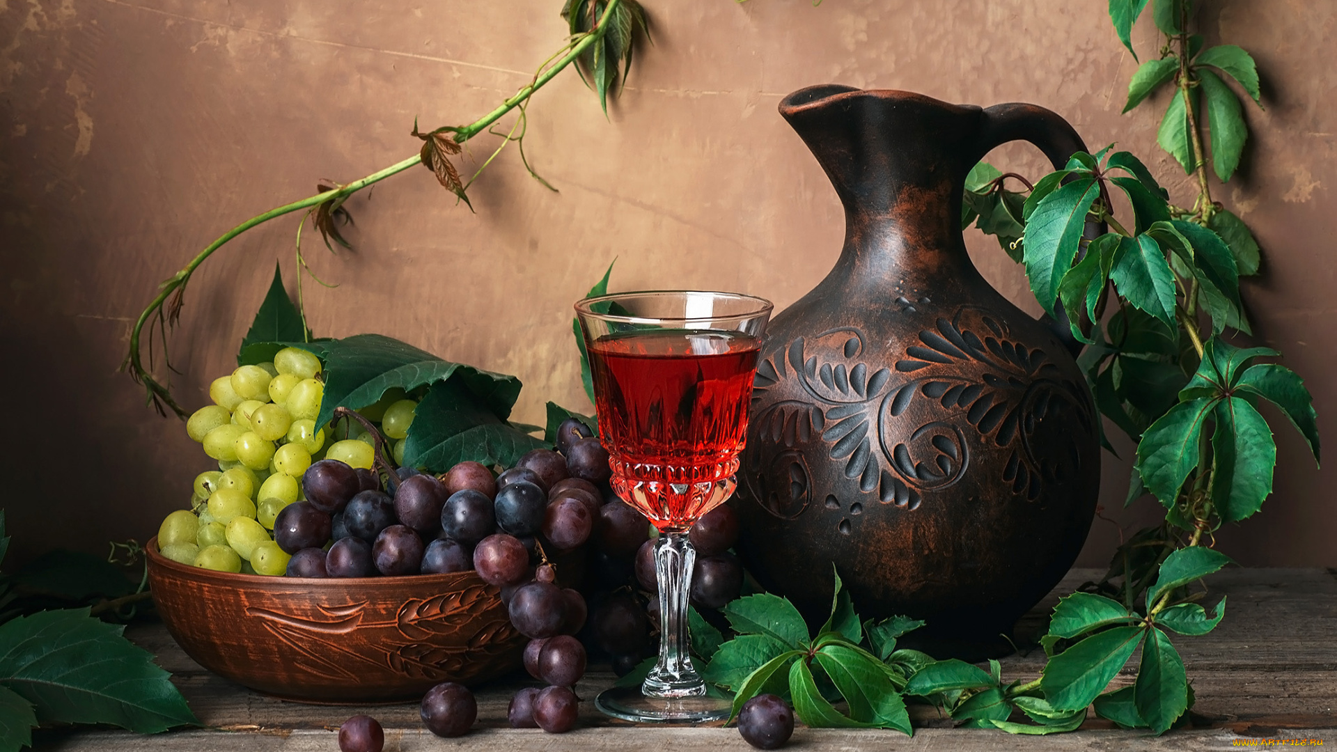 еда, виноград, кувшин, бокал, вино, ассорти