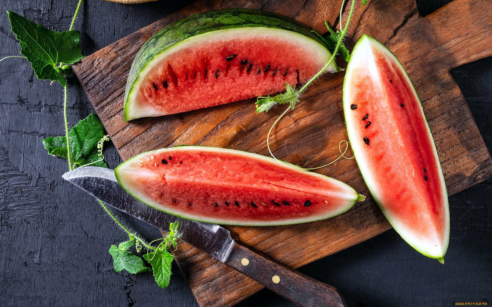 еда, арбуз, спелый, дольки