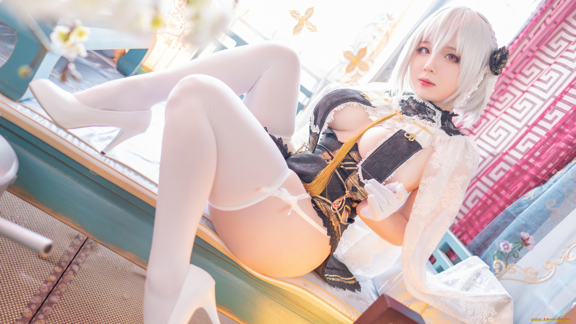 девушки, -, креатив, , косплей, модель, азиатка, видеоигры, чулки, белые, подвязки, нижнее, белье, женщины, в, помещении, сириус, азур, лейн, крупные, бедра, pipinai, sirius, azur, lane