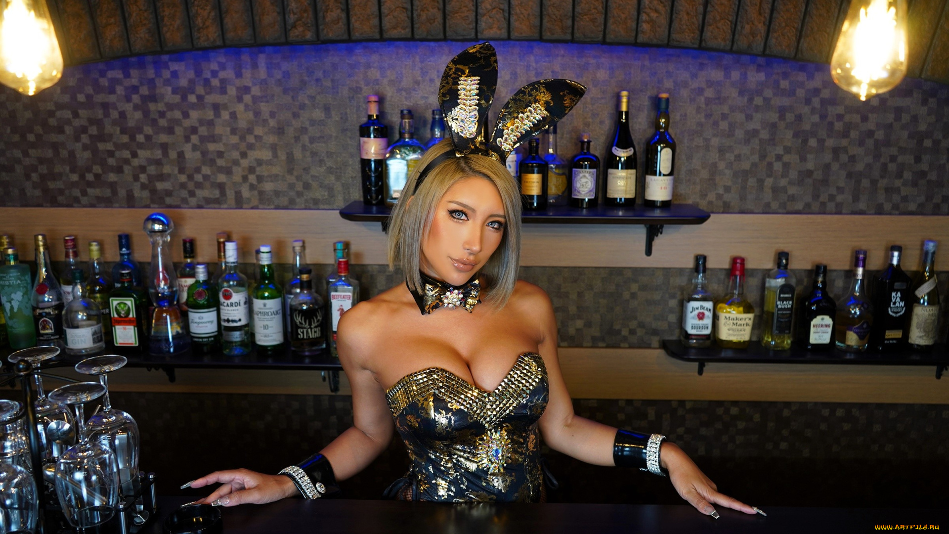 девушки, nonsummerjack, образ, косплей, костюм, ушки, бутылки, бар
