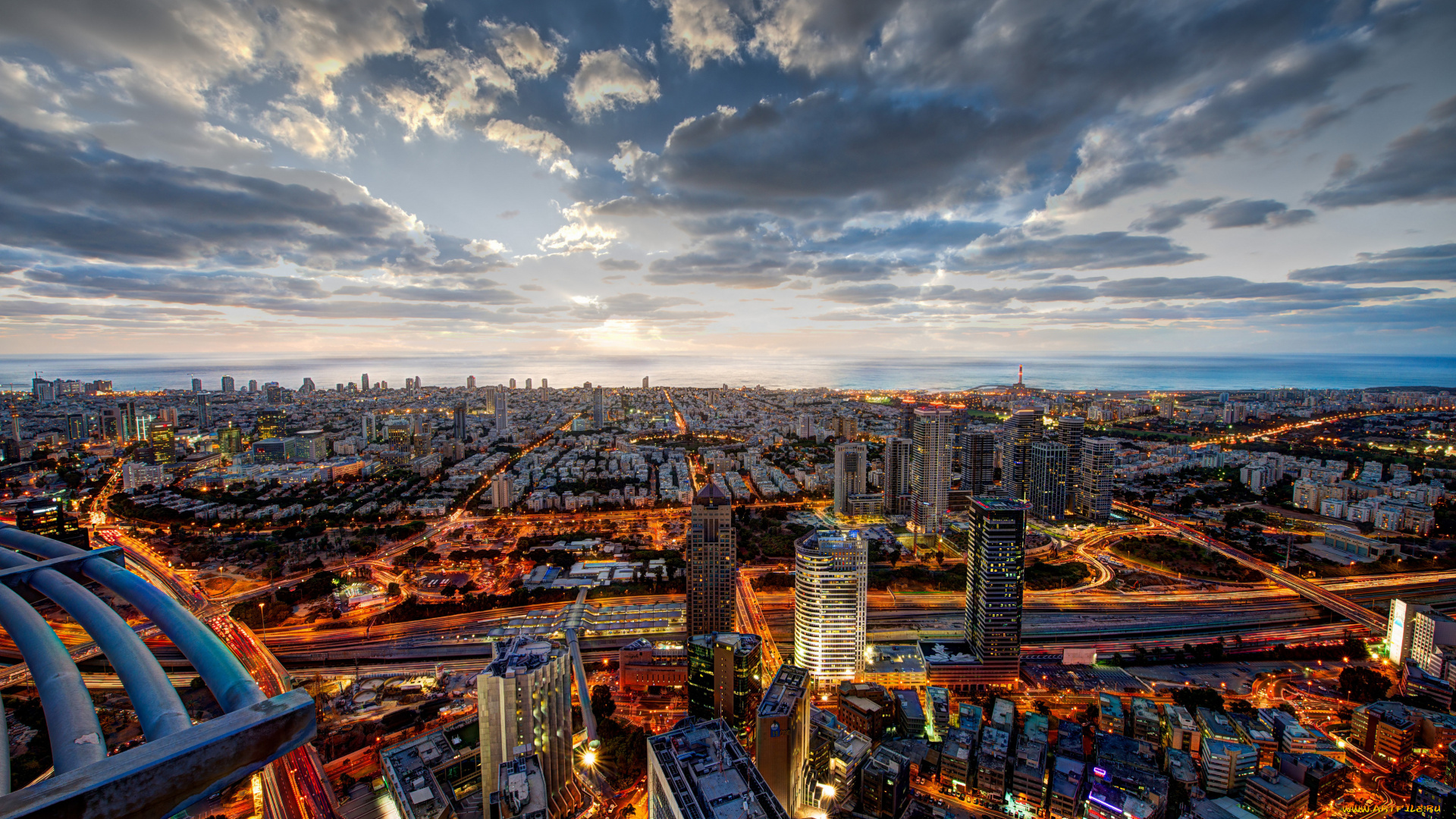 города, -, панорамы, израиль, дома, дороги, тель, авив, oблака, вид, cверху, нeбoскрeбы