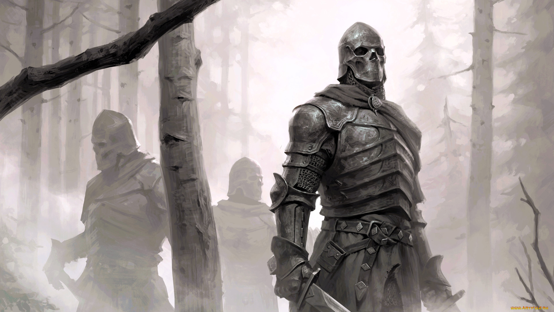 фэнтези, нежить, рыцари, латы, черепа, мечи, туман, лес