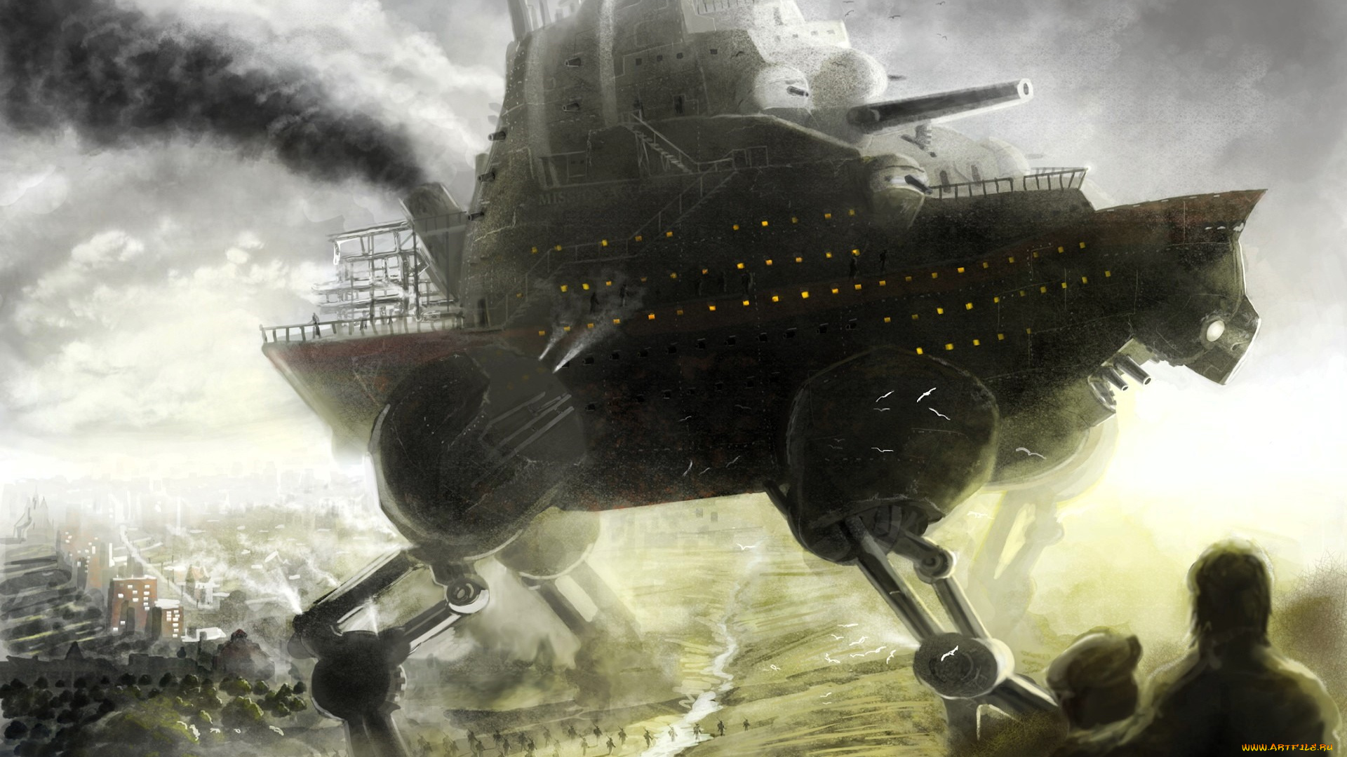 фэнтези, роботы, , киборги, , механизмы, люди, город, техника, оружие, пушки, река, дым