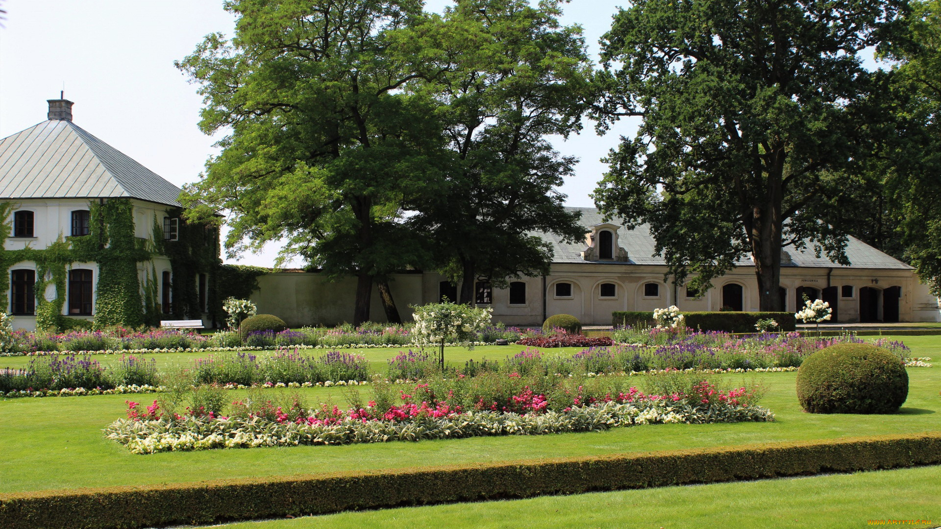 города, -, здания, , дома, цветник, здания, деревья