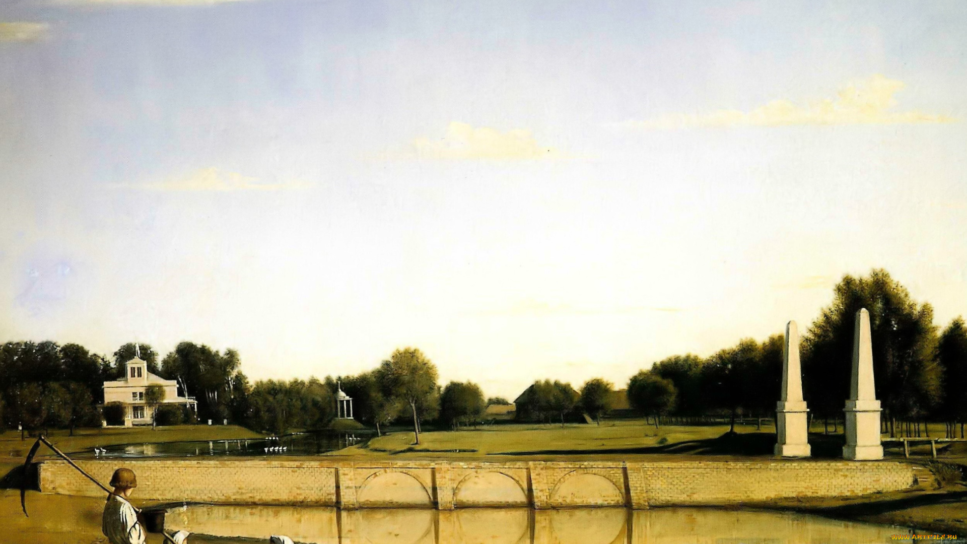 григорий, сорока, рисованное, парк, деревья, колонны, особняк, крестьяне, мост, река