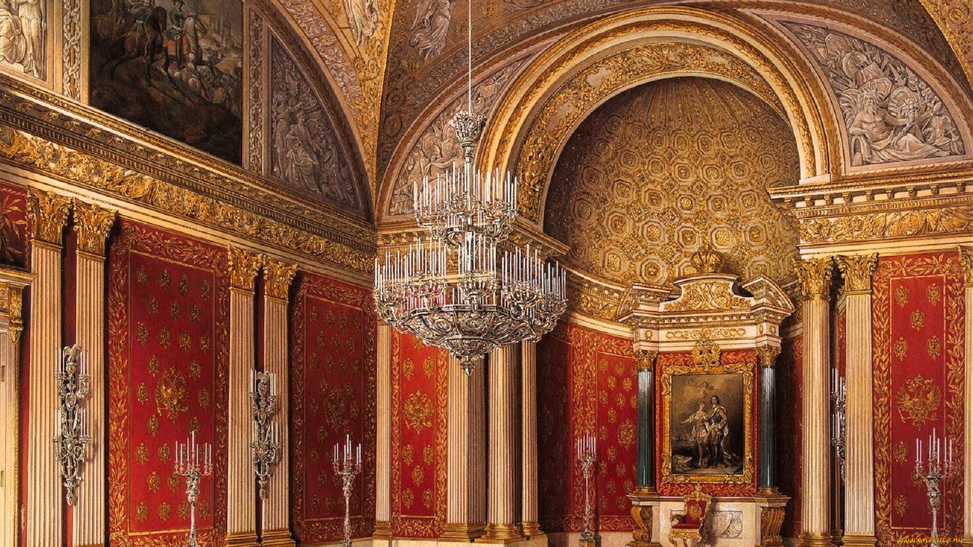 рисованное, эдуард, гау, дворец, интерьер, зал, лепнина, люстра, свечи, картины, ступени, кресло
