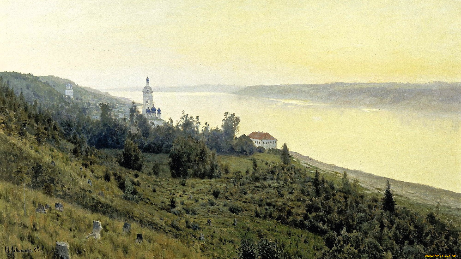 рисованное, исаак, левитан, горы, река, туман, лес, монастырь