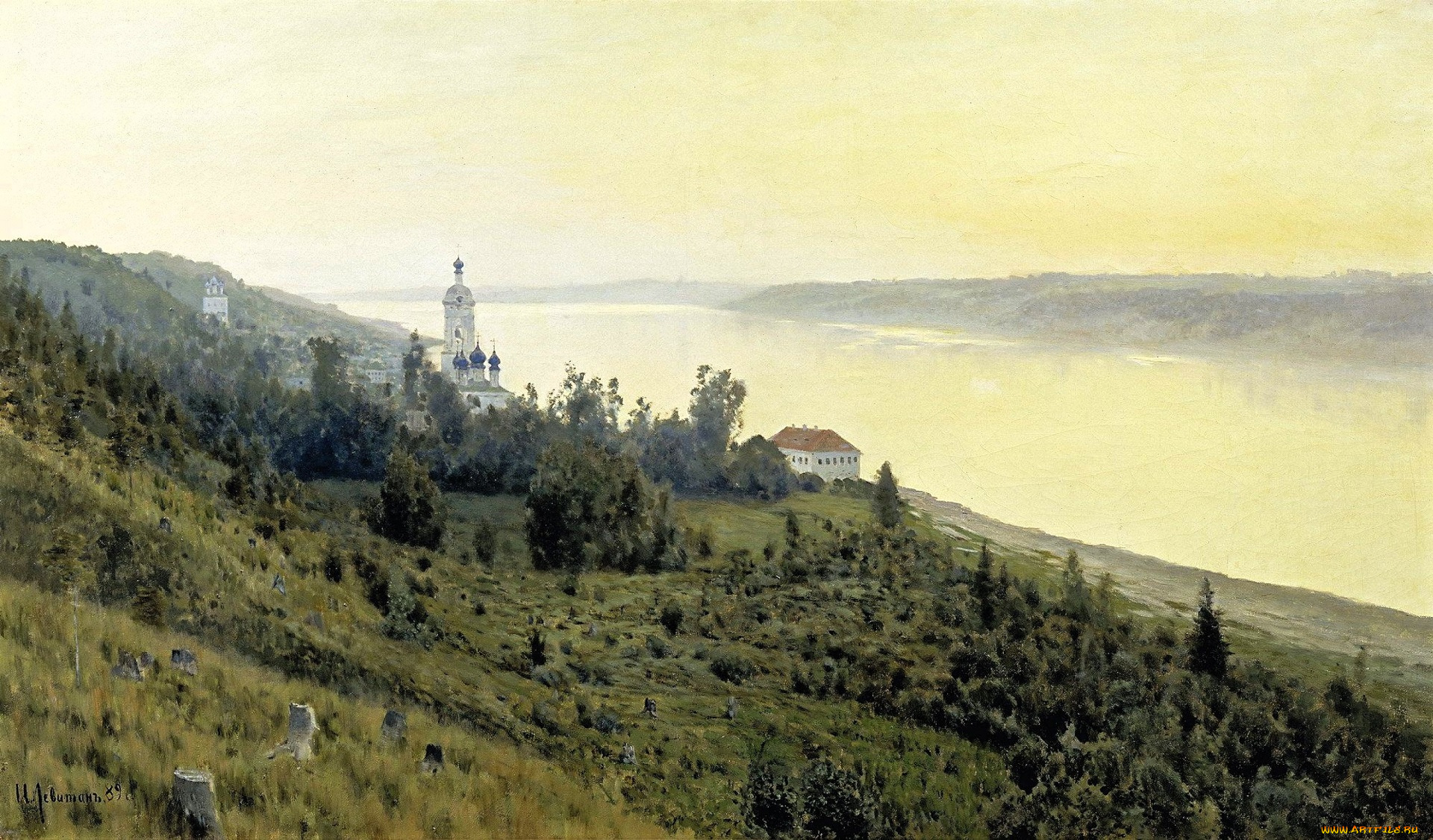 рисованное, исаак, левитан, горы, река, туман, лес, монастырь