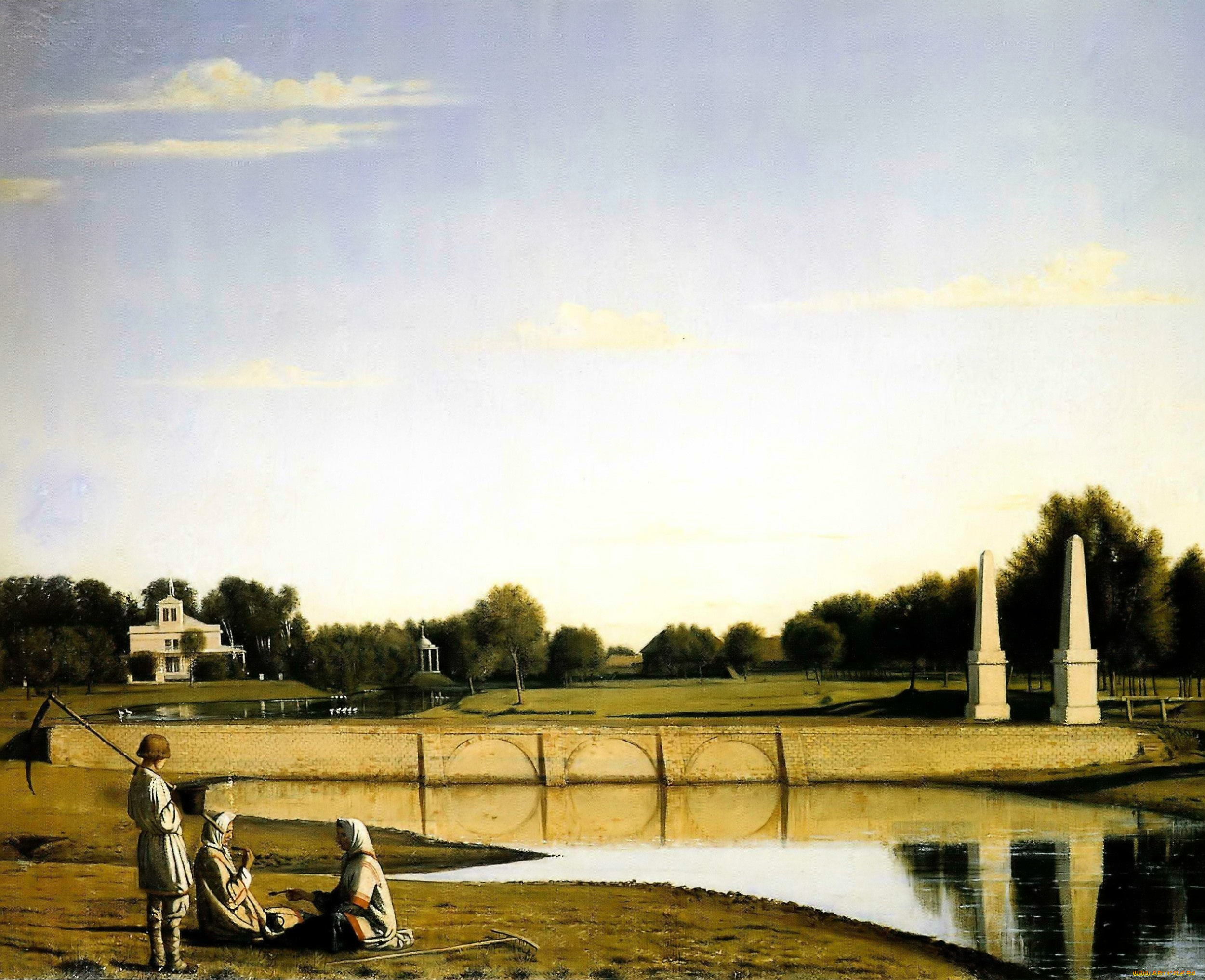 григорий, сорока, рисованное, парк, деревья, колонны, особняк, крестьяне, мост, река