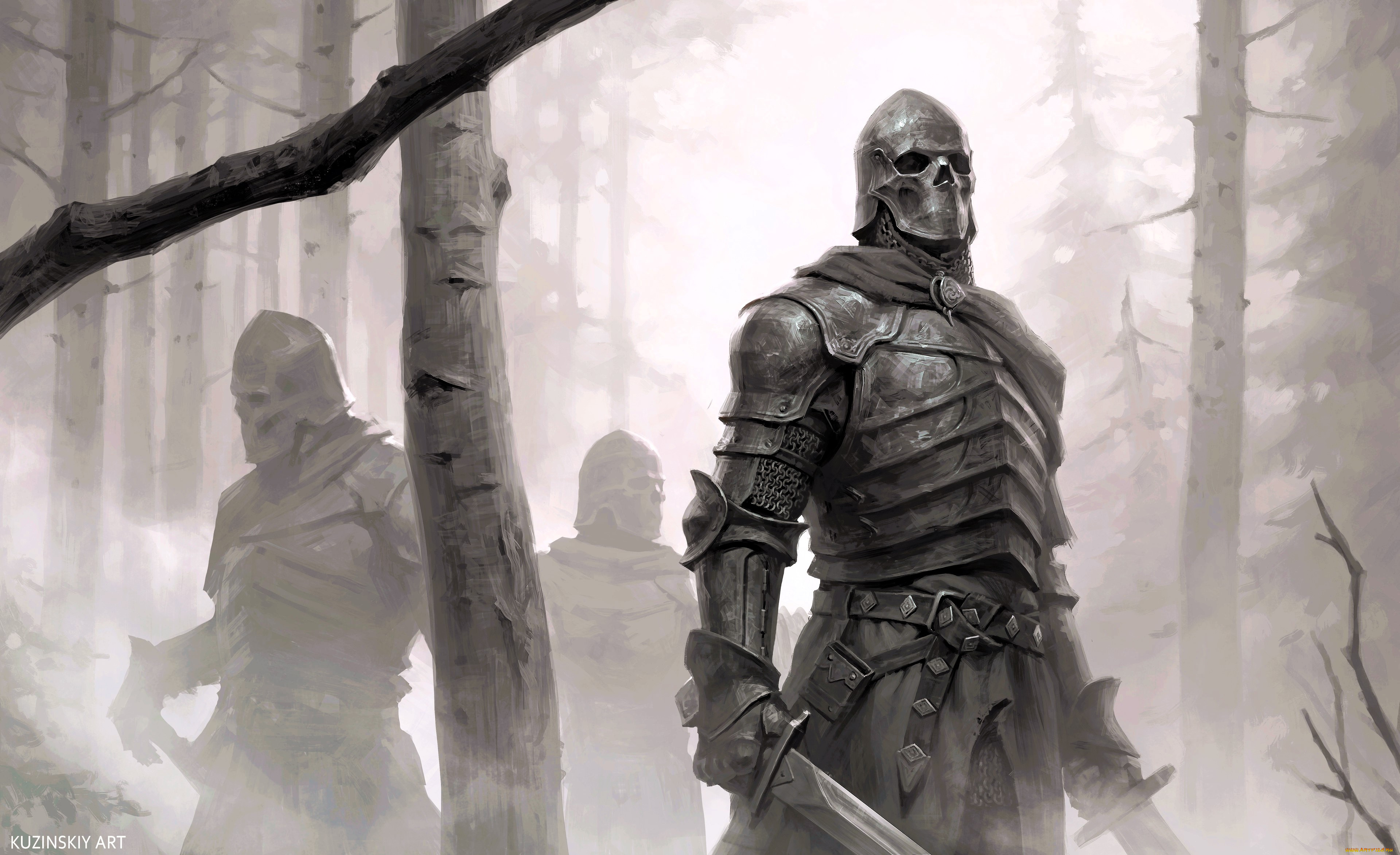 фэнтези, нежить, рыцари, латы, черепа, мечи, туман, лес