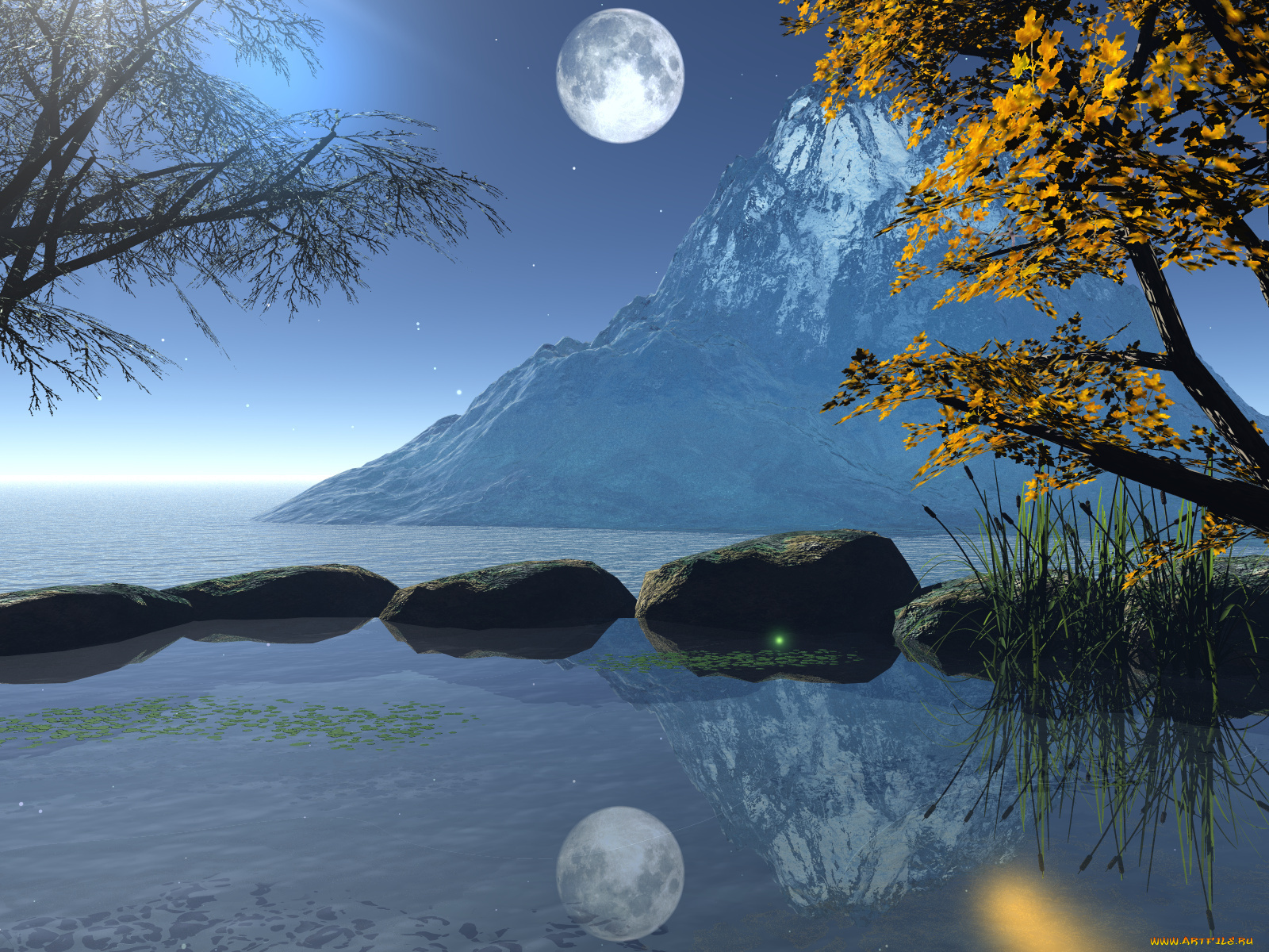 3д, графика, nature, landscape, природа, дерево, горы, вода