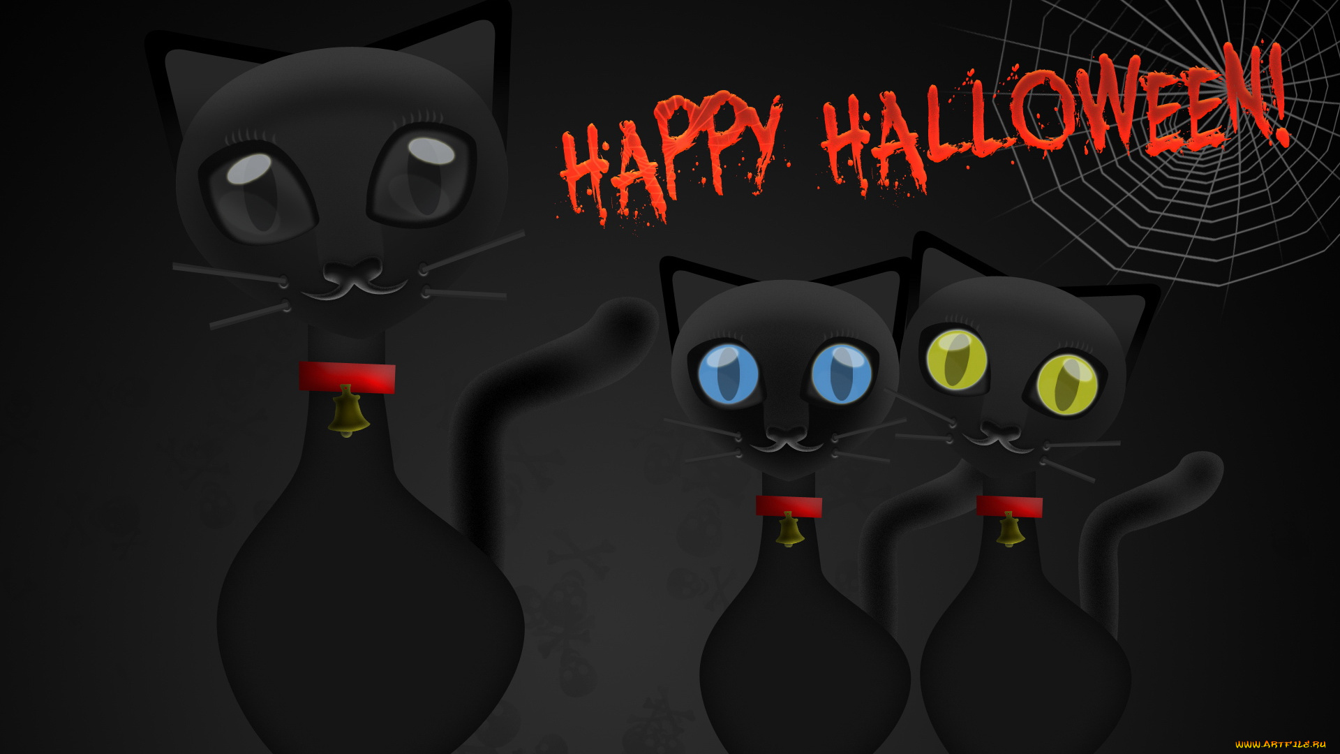 3д, графика, holidays, праздники, тёмный, колокольчики, паутина, кошки