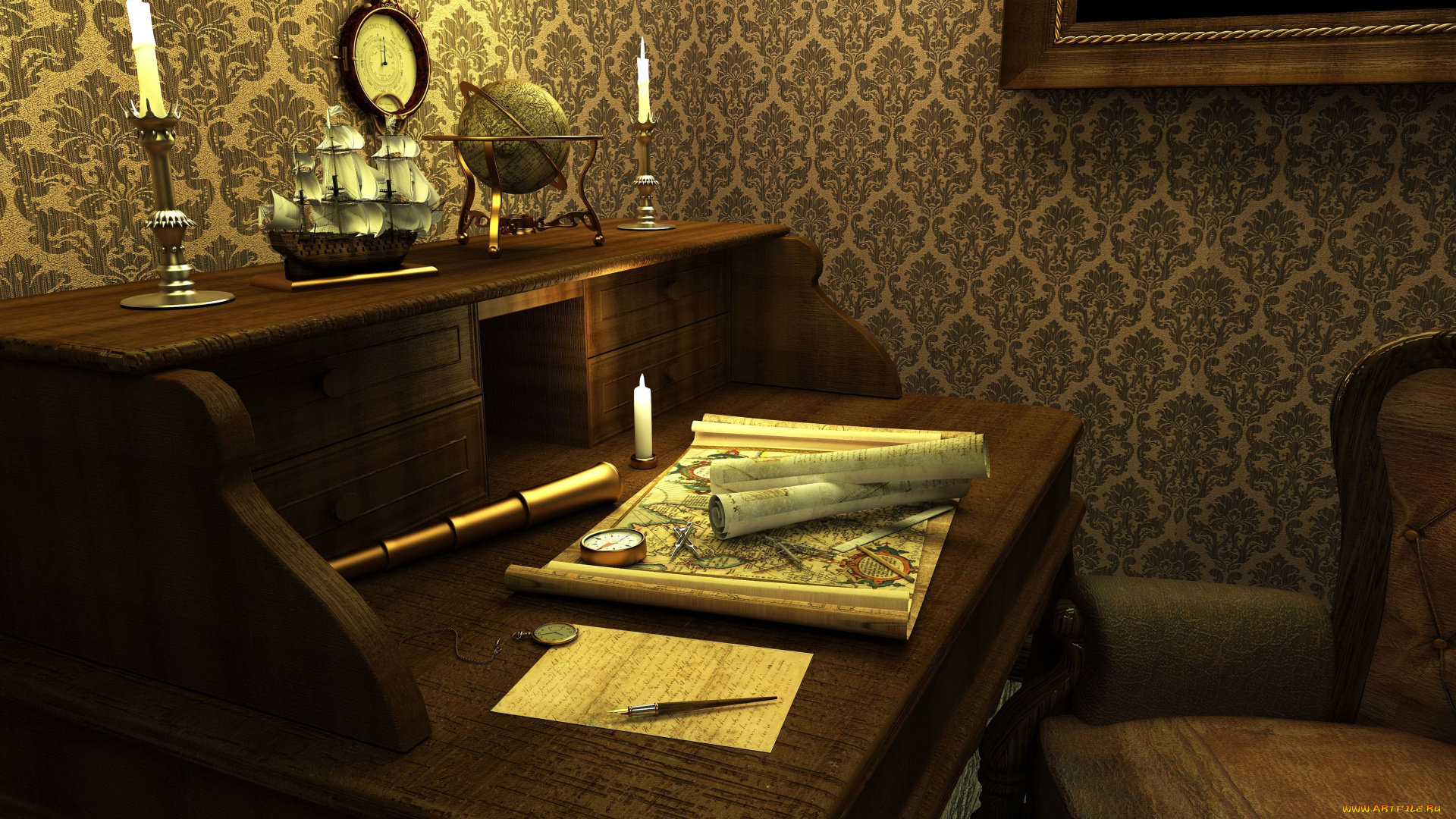 3д, графика, realism, реализм, свеча, глобус, часы, карта, бюро, парусник