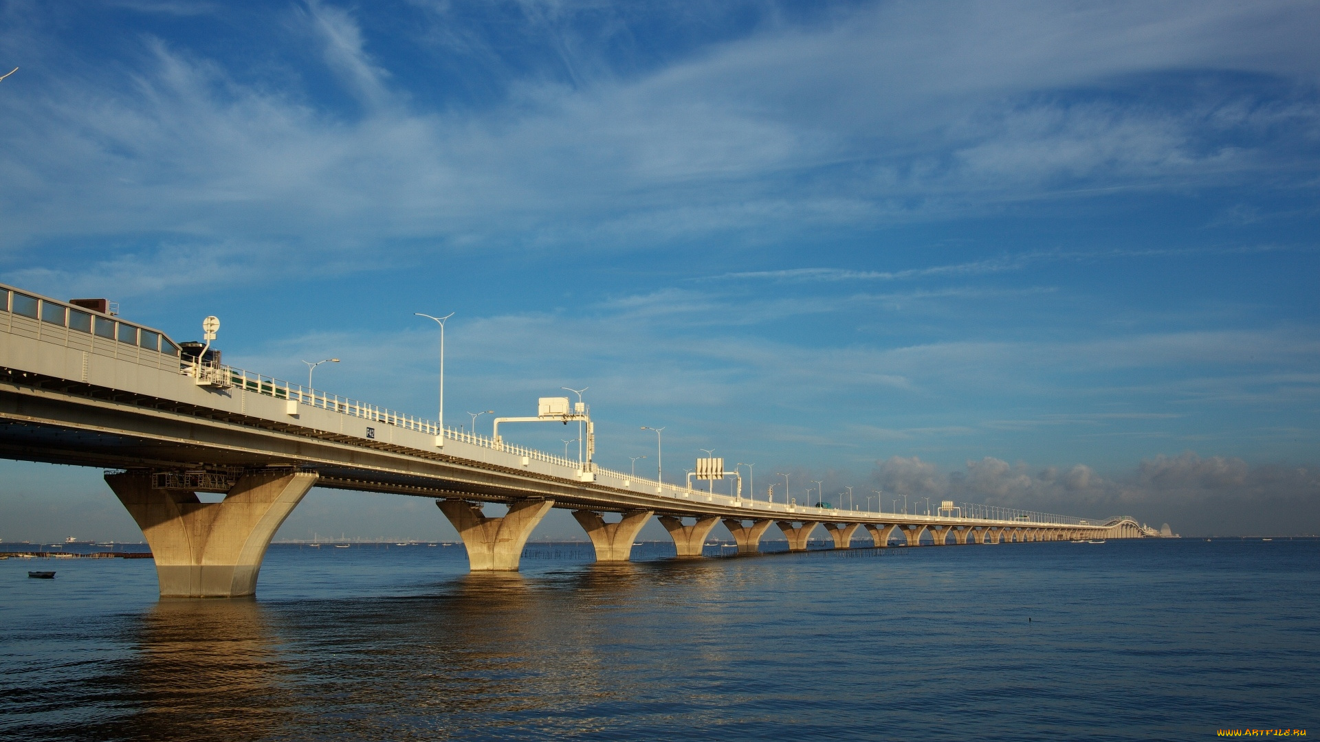 города, мосты, река, облака
