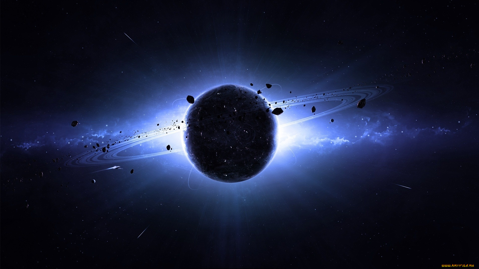космос, арт, астероиды, планета, кольца, галактика, свечение