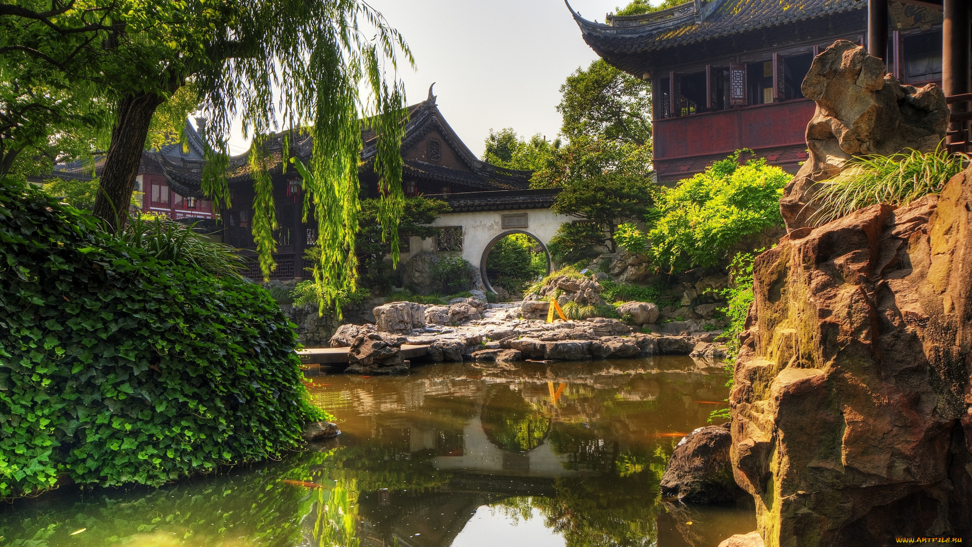 парк, юйян, шанхай, китай, природа, пруд, пагоды, деревья