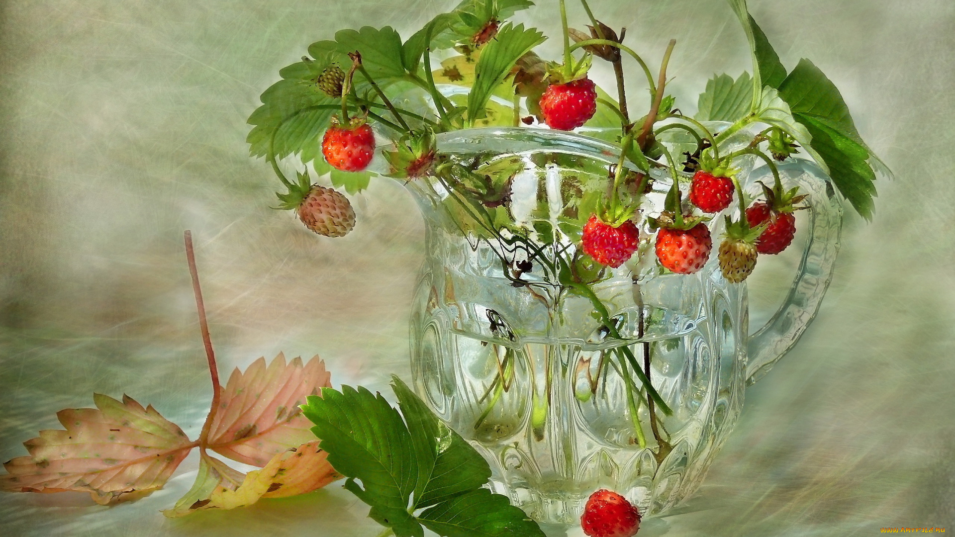 рисованные, еда, натюрморт, ягоды, листья, бокал, красота
