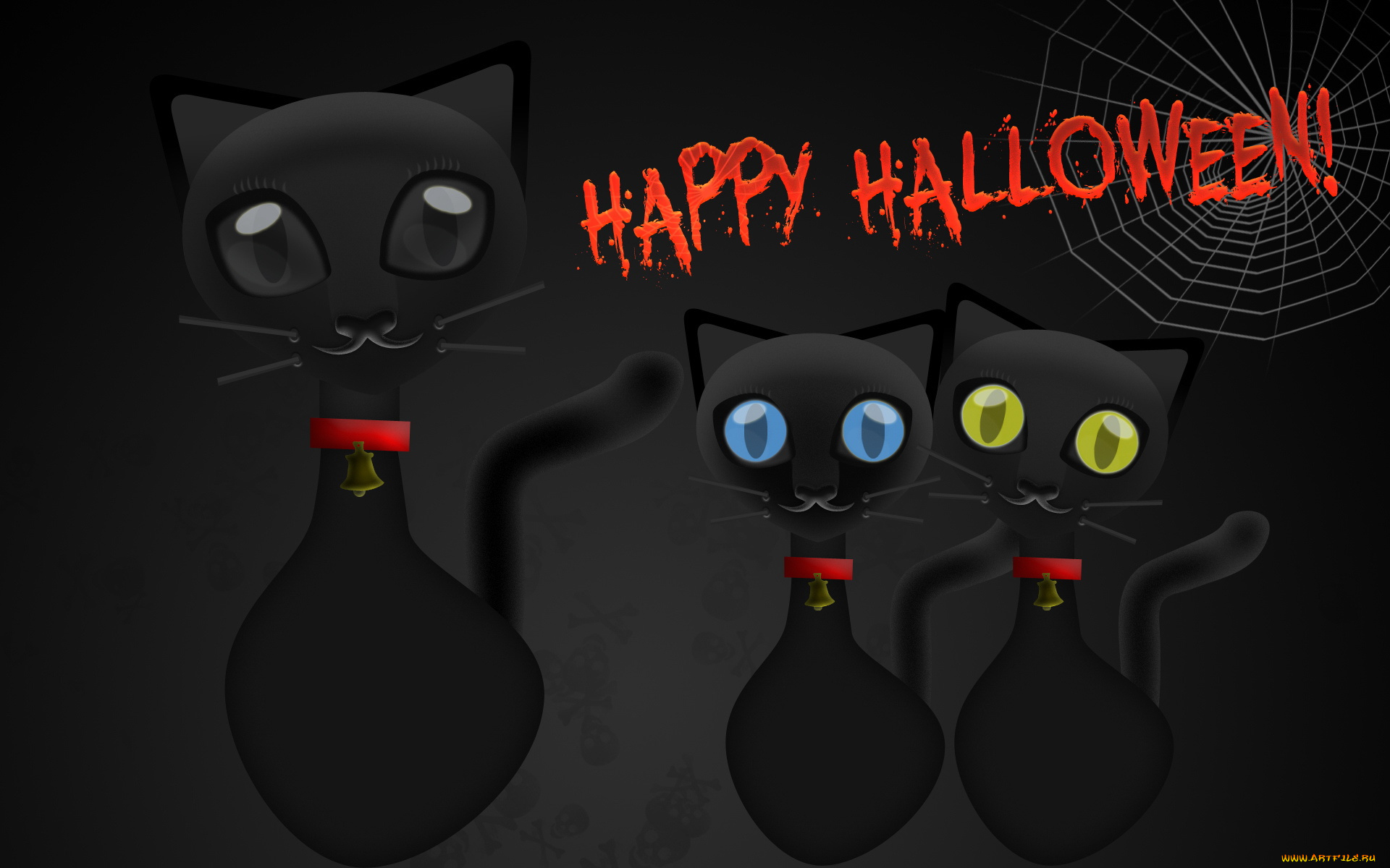 3д, графика, holidays, праздники, тёмный, колокольчики, паутина, кошки