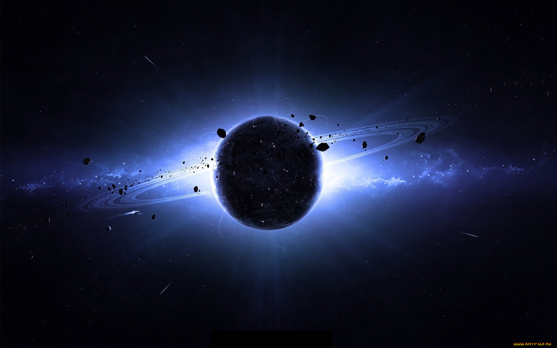 космос, арт, астероиды, планета, кольца, галактика, свечение