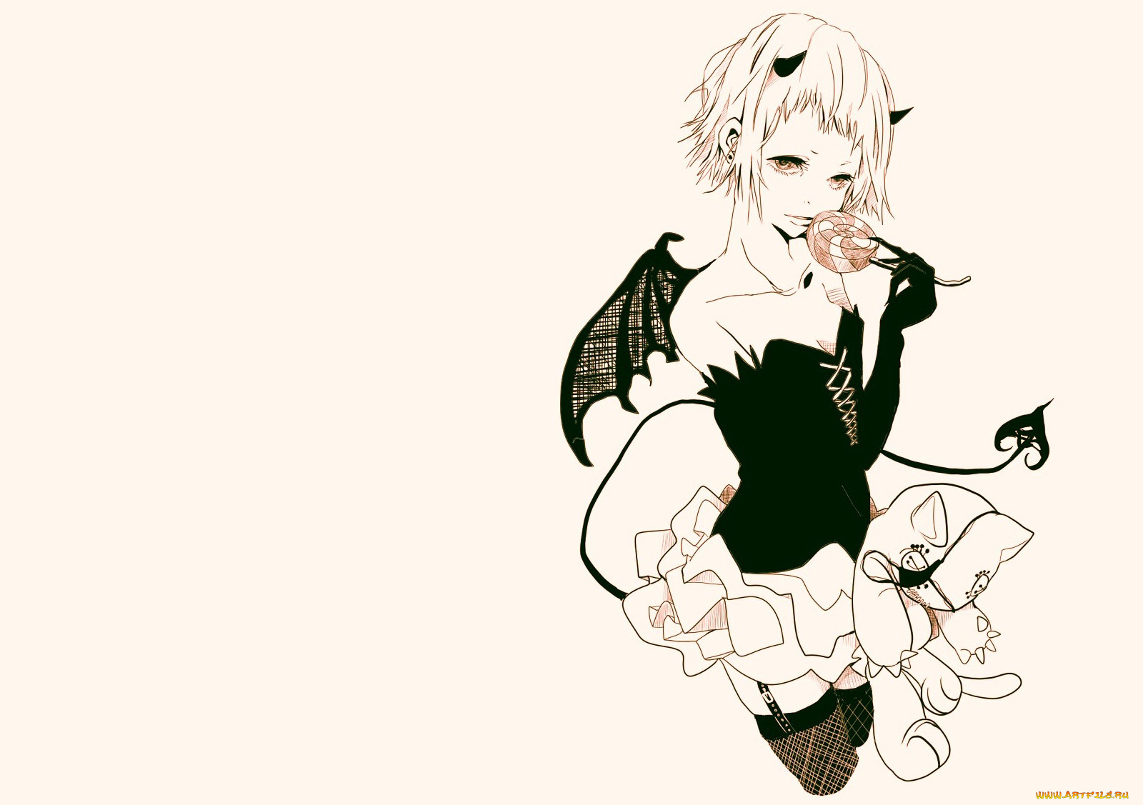 аниме, angels, demons, игрушка, конфета, хвост, рога, демон, девушка