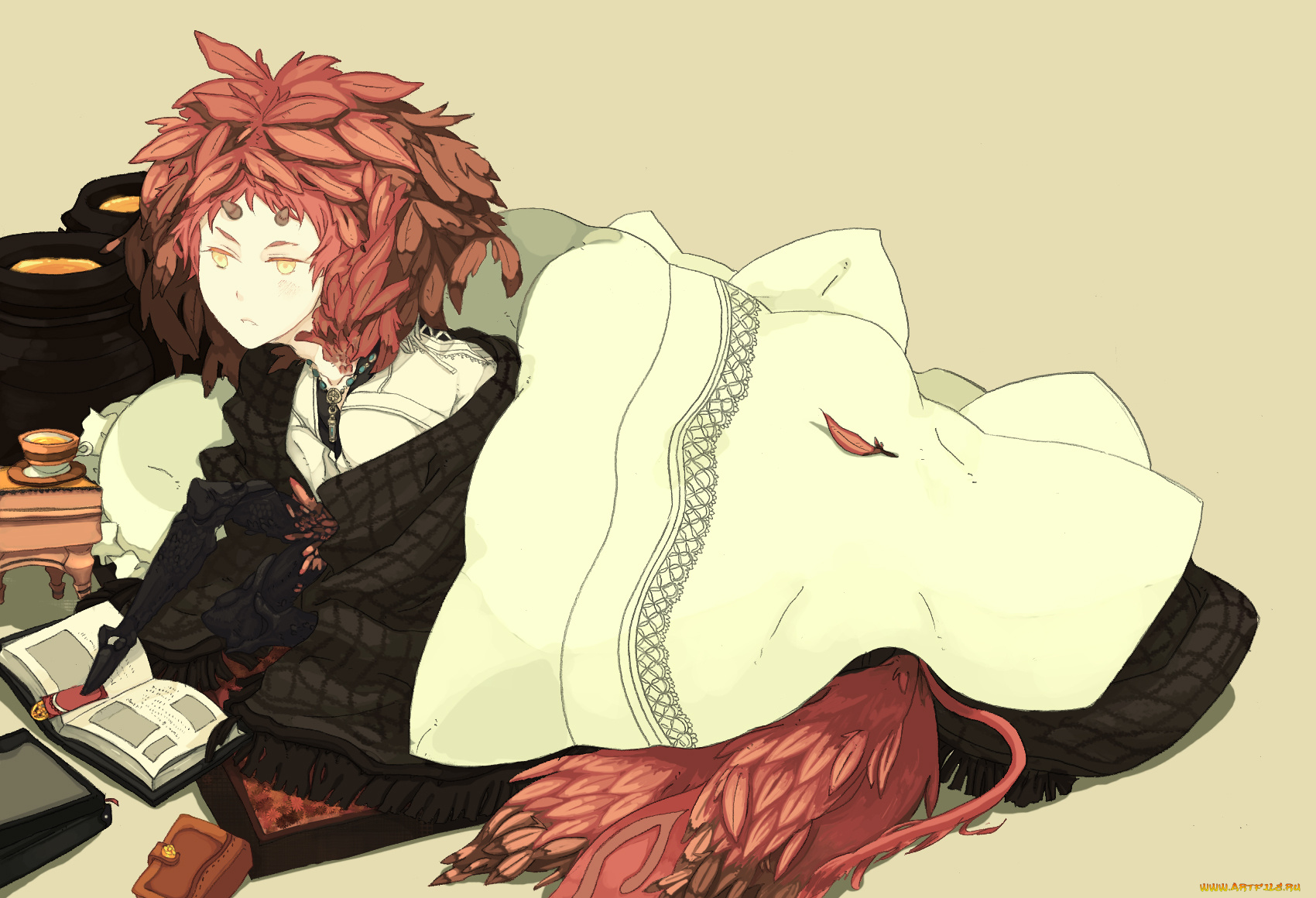 аниме, angels, demons, плед, перья, демон, крылья, книга, рога