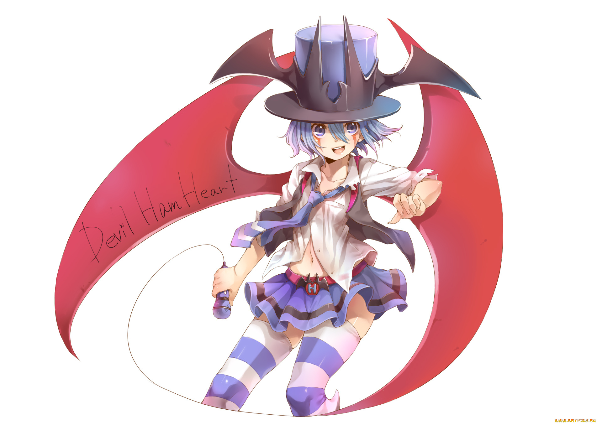 аниме, headphones, instrumental, девушка, демон, микрофон, шляпа, крылья