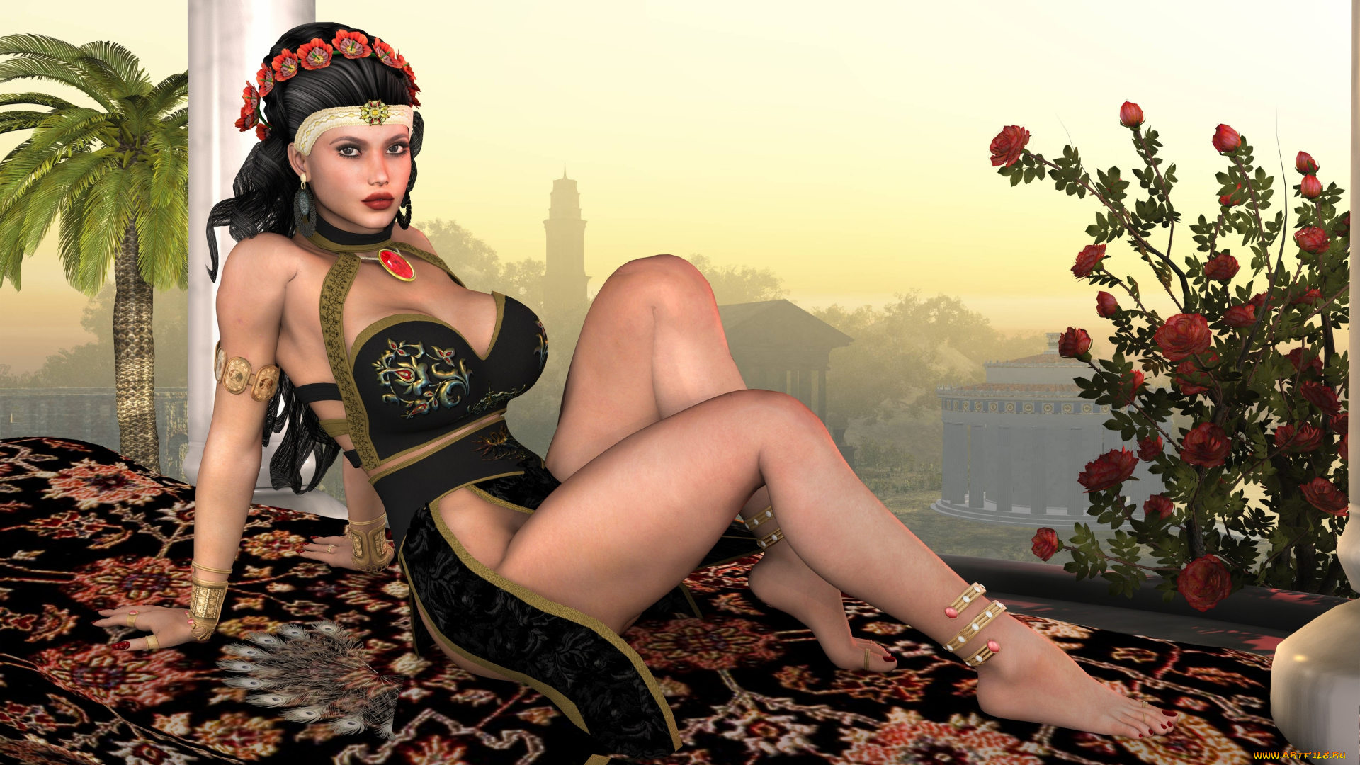 3д, графика, people, люди, цветы, взгляд, девушка, пальма