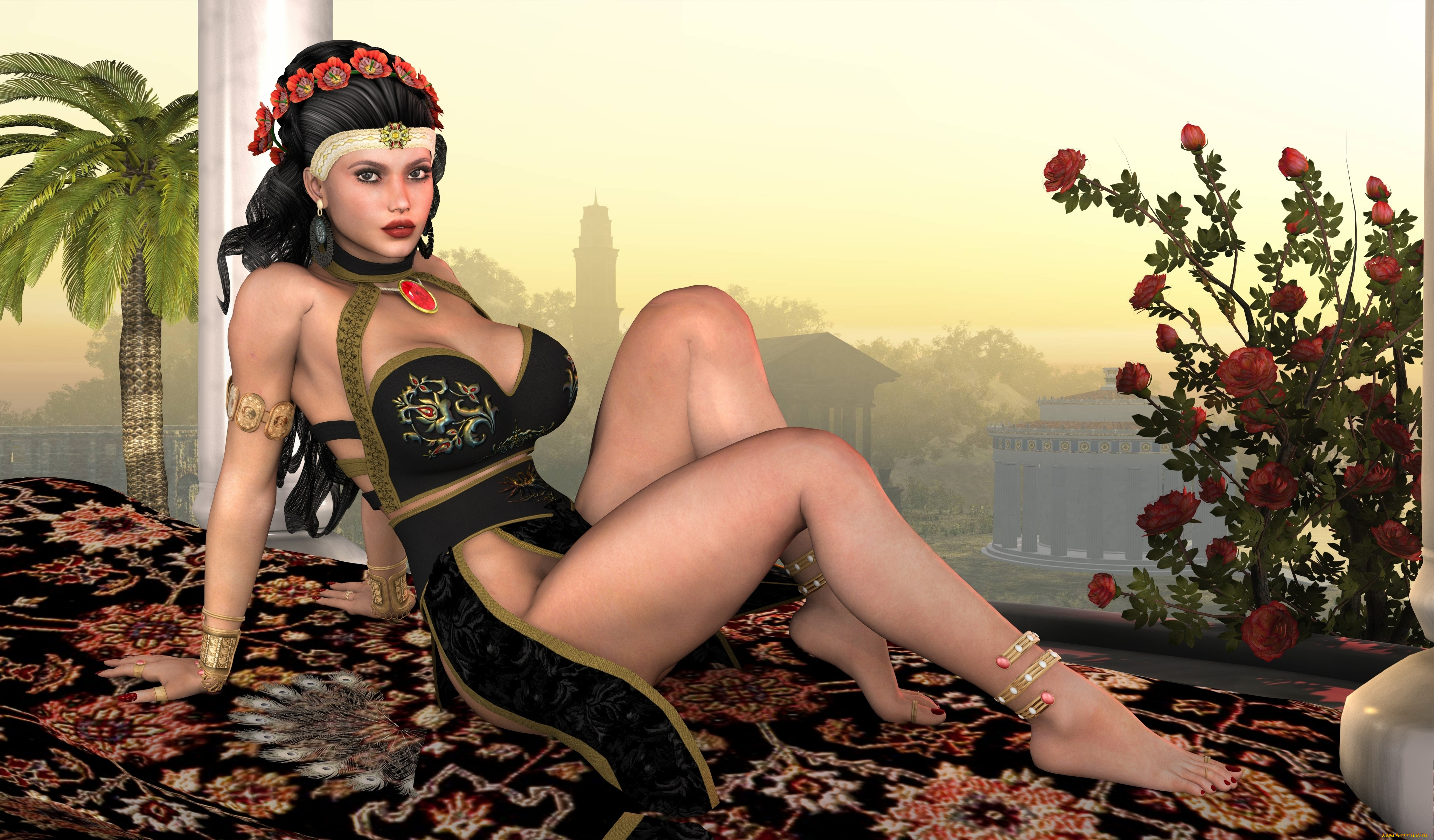 3д, графика, people, люди, цветы, взгляд, девушка, пальма