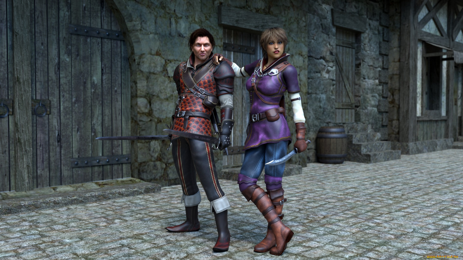 3д, графика, фантазия, , fantasy, девушка, мужчина, оружие, меч