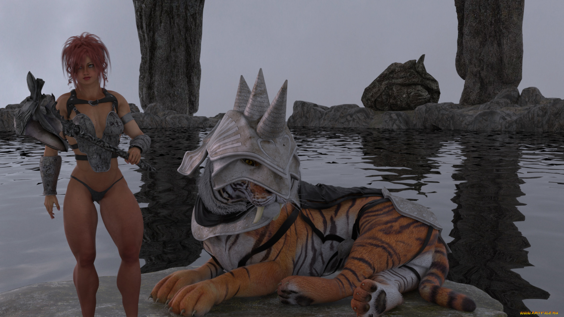 3д, графика, фантазия, , fantasy, взгляд, тигр, вода, камни, булава, девушка