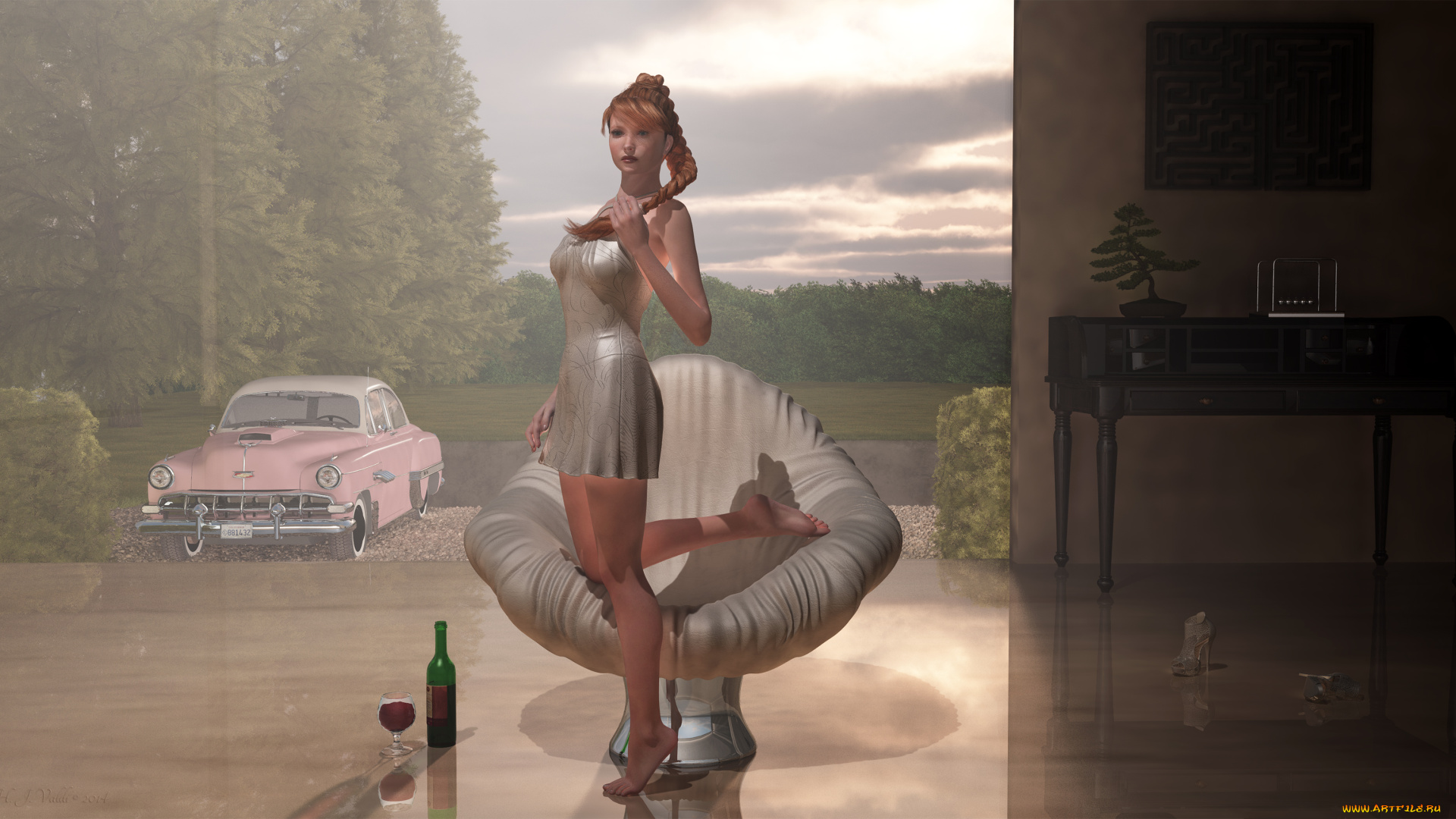 3д, графика, люди, , people, девушка, взгляд, вино, автомобиль, кресло, фужер