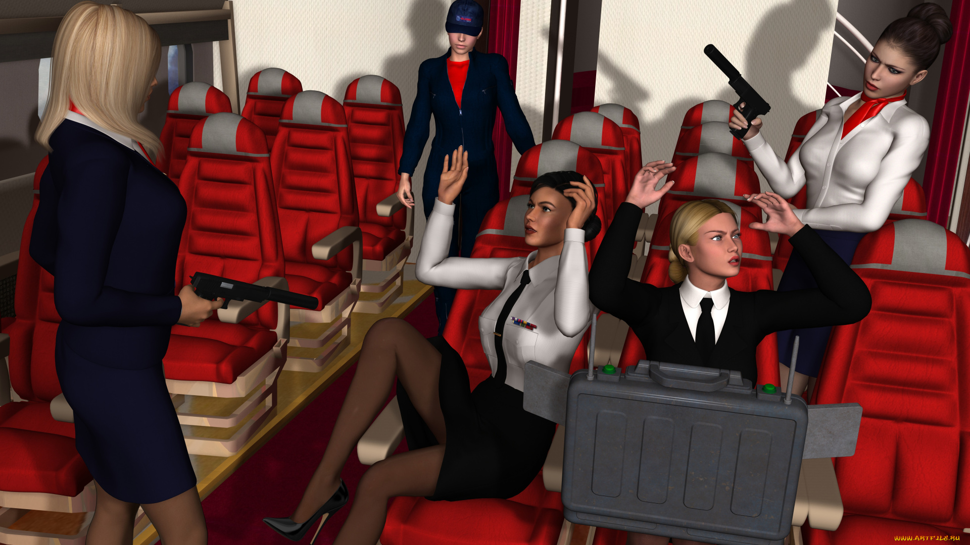 stewardesses, 3д, графика, фантазия, , fantasy, девушки, салон, оружие, взгляд