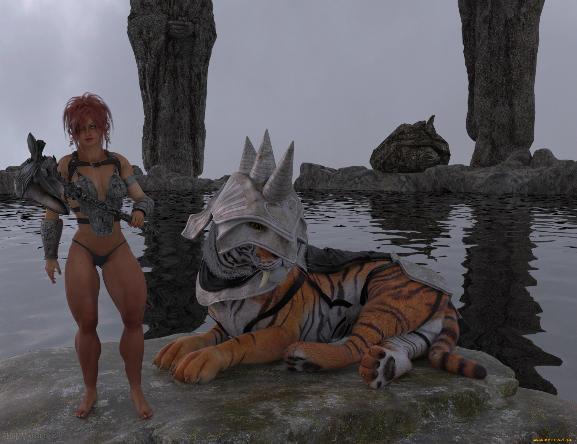 3д, графика, фантазия, , fantasy, взгляд, тигр, вода, камни, булава, девушка