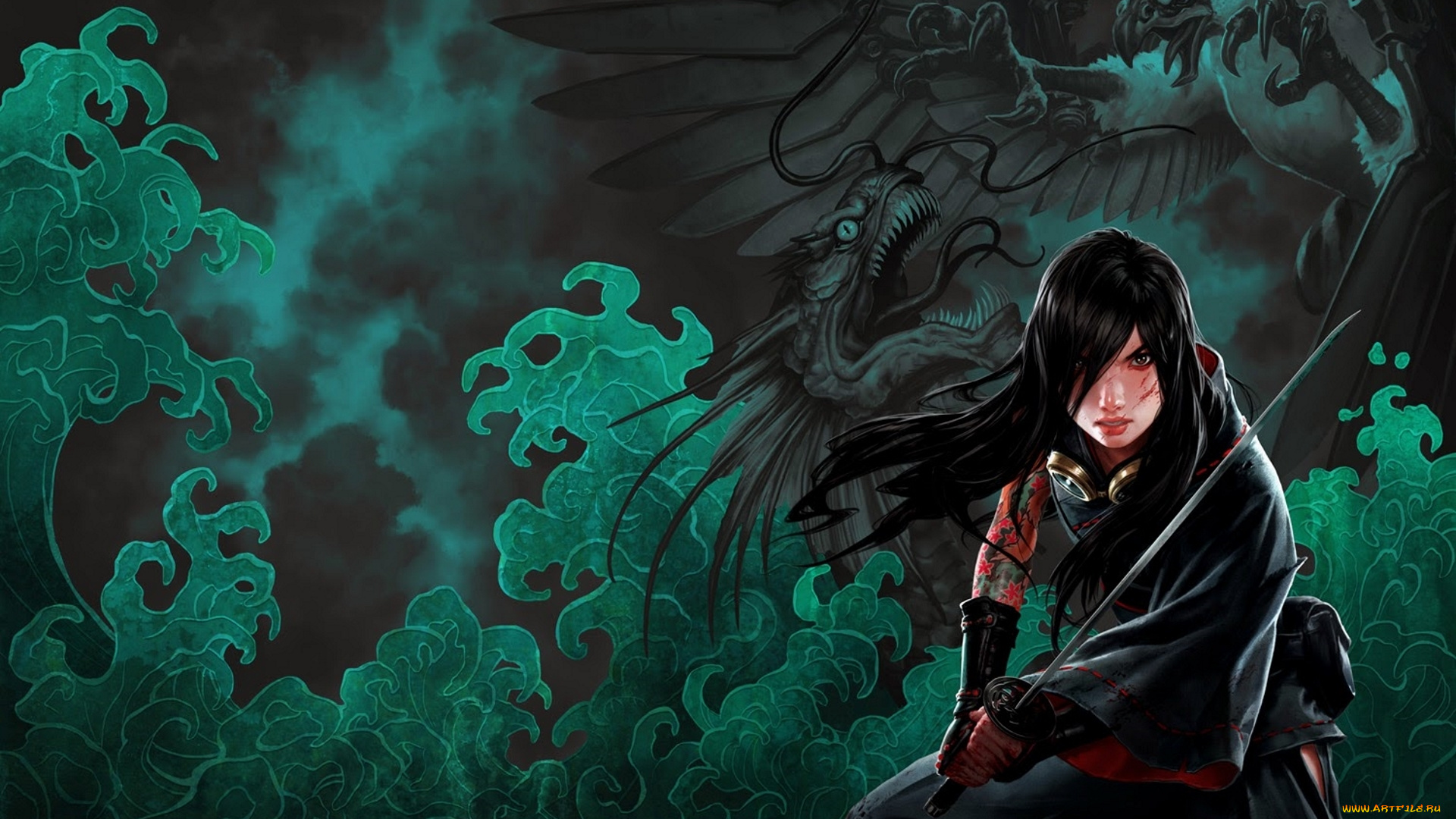 фэнтези, красавицы, и, чудовища, арт, мрак, дракон, девушка, меч, кровь, азиатка