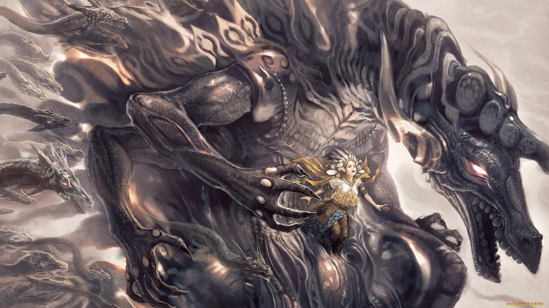 фэнтези, красавицы, и, чудовища, девушка, демон, драконы, головы