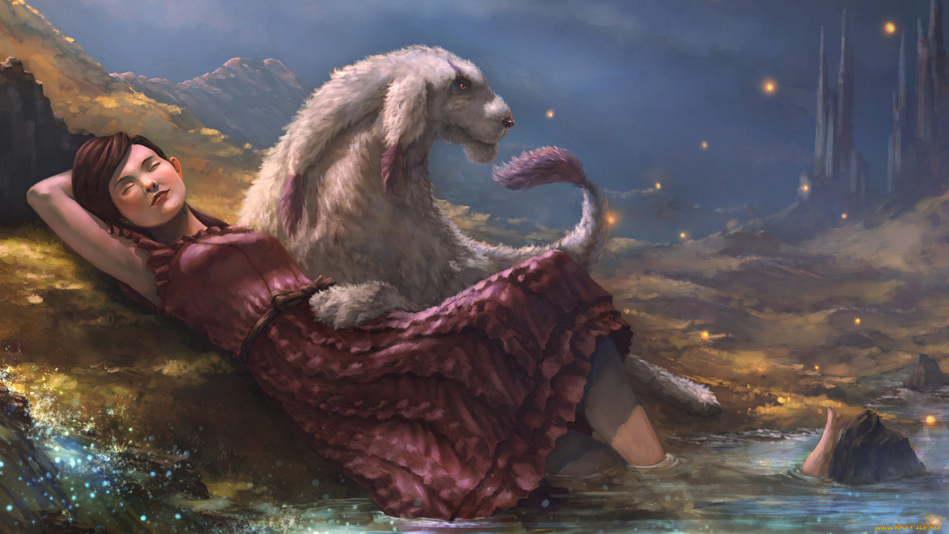 фэнтези, красавицы, и, чудовища, вода, существо, мир, девушка, иной, горы